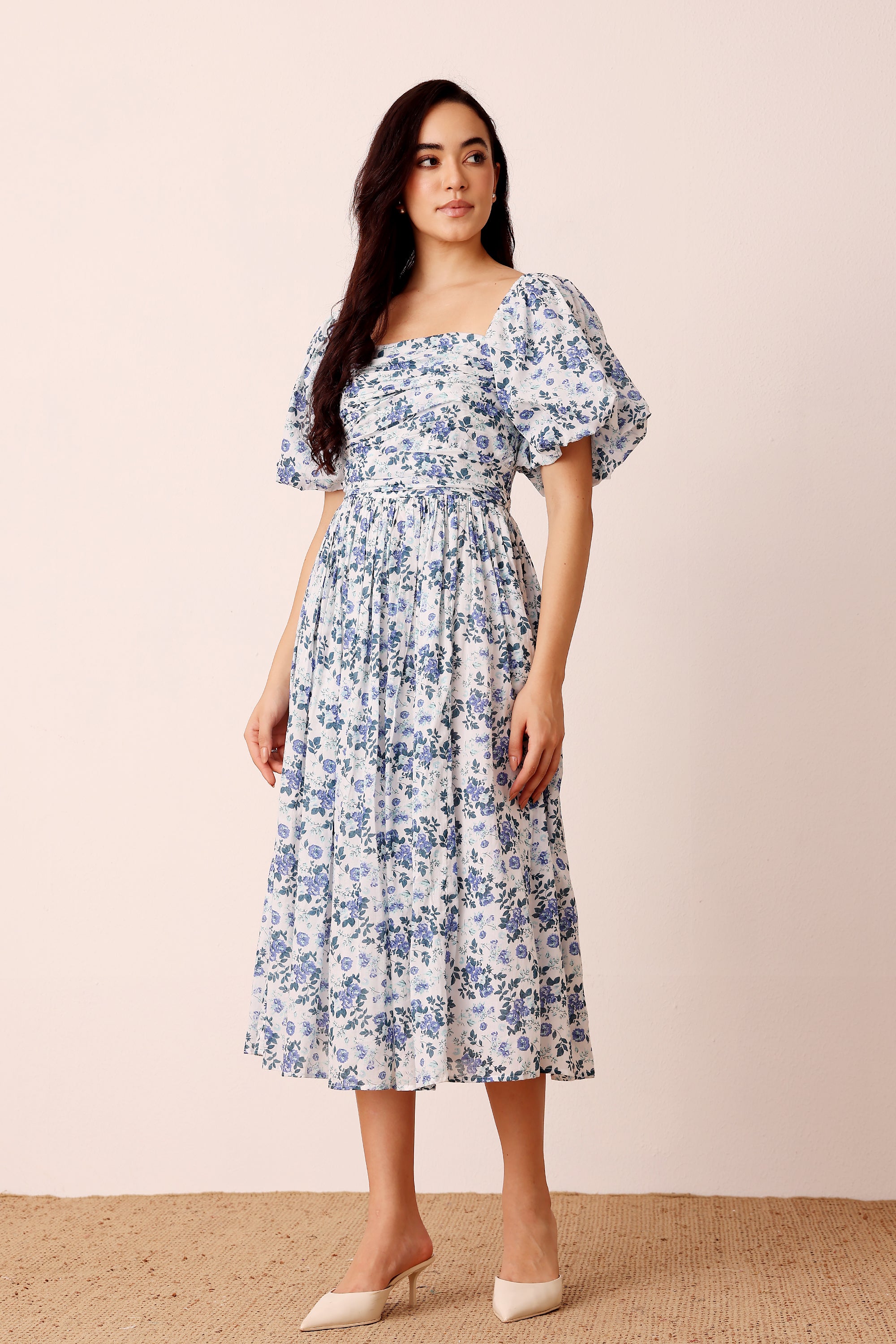 Lana Puff Sleeve Cotton Midi Dress in Blue White Floral