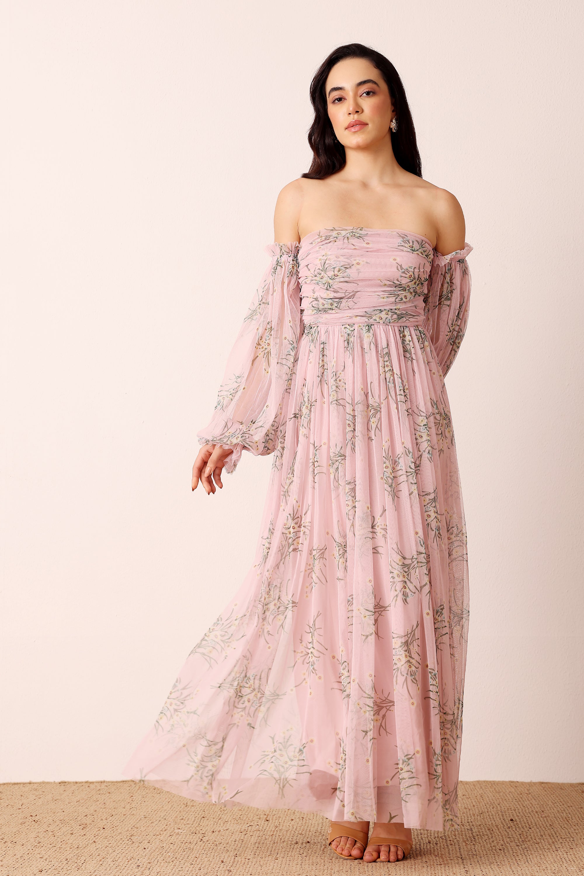 Off shoulder bardot tulle light pink floral maxi dress wedding guest garden party