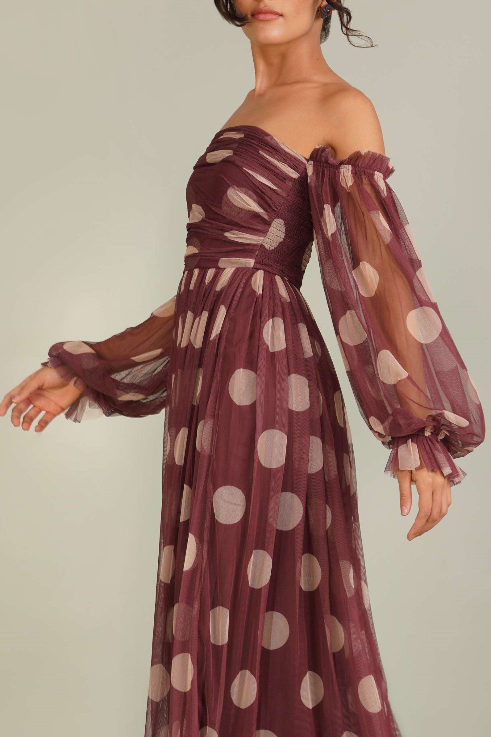 Lana Maxi Dress in Mahogany Brown and Beige Polka Dot