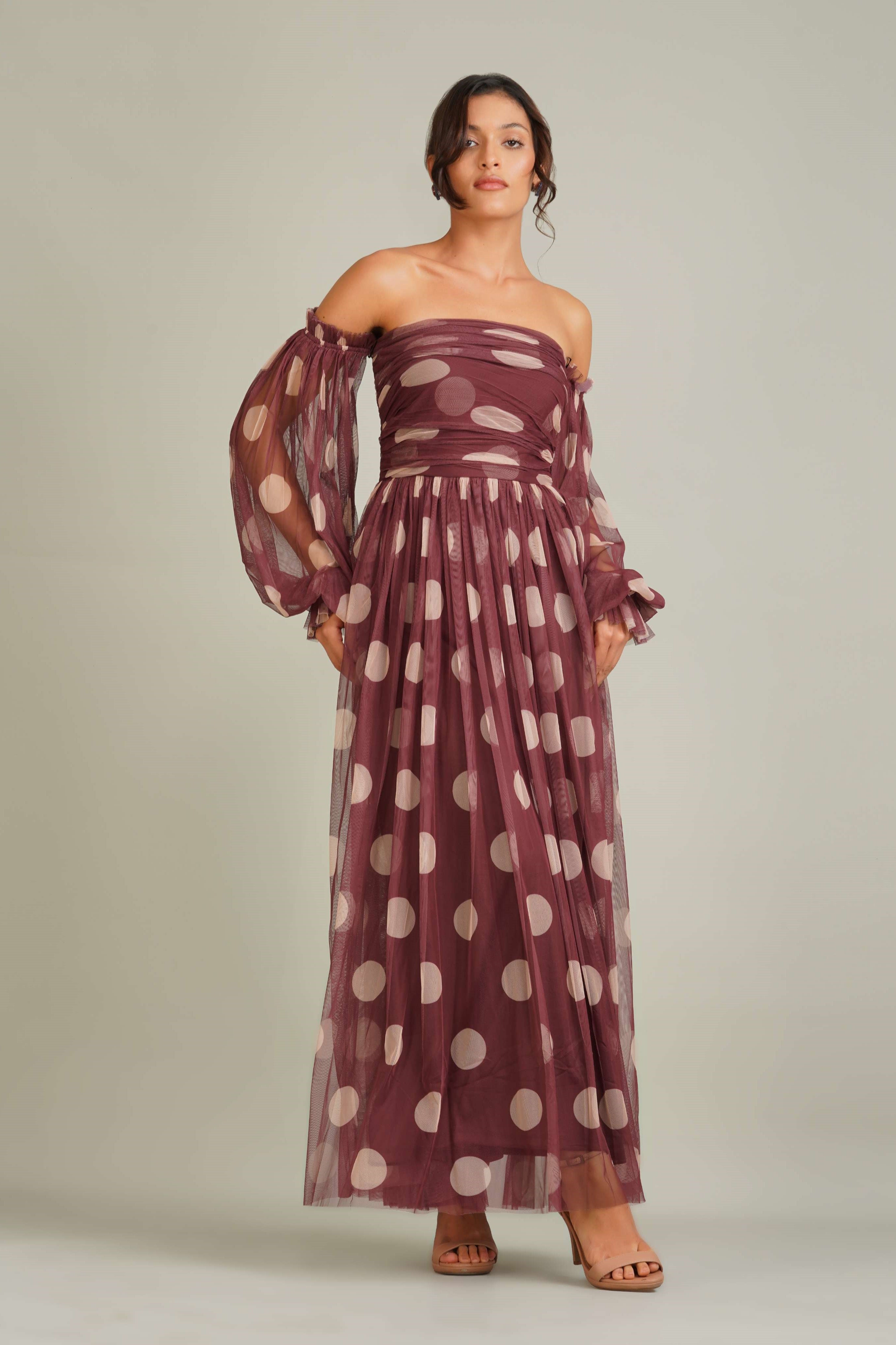 Lana Maxi Dress in Mahogany Brown and Beige Polka Dot