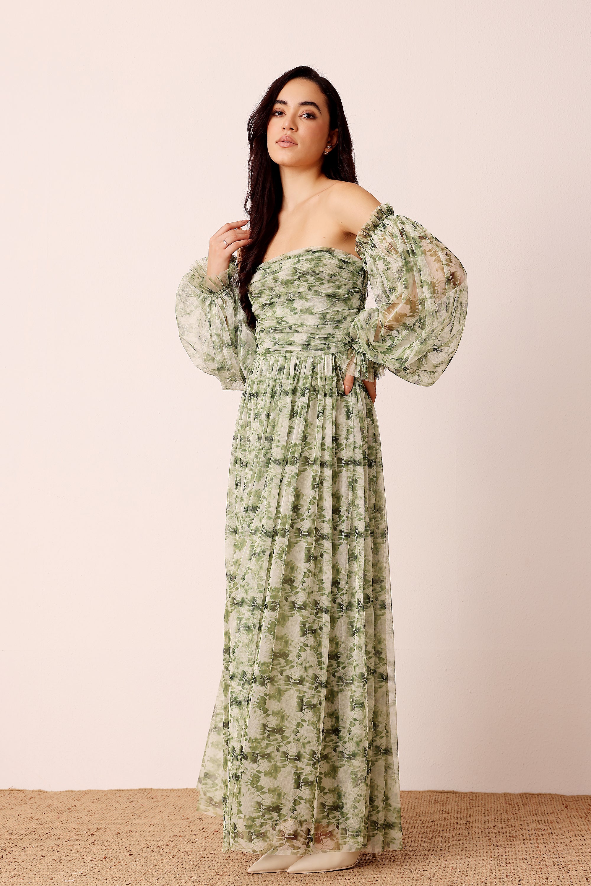 Lana Green Floral Printed Tulle Dress Lace & Beads Lana Green Floral Printed Tulle Dress Lace & Beads