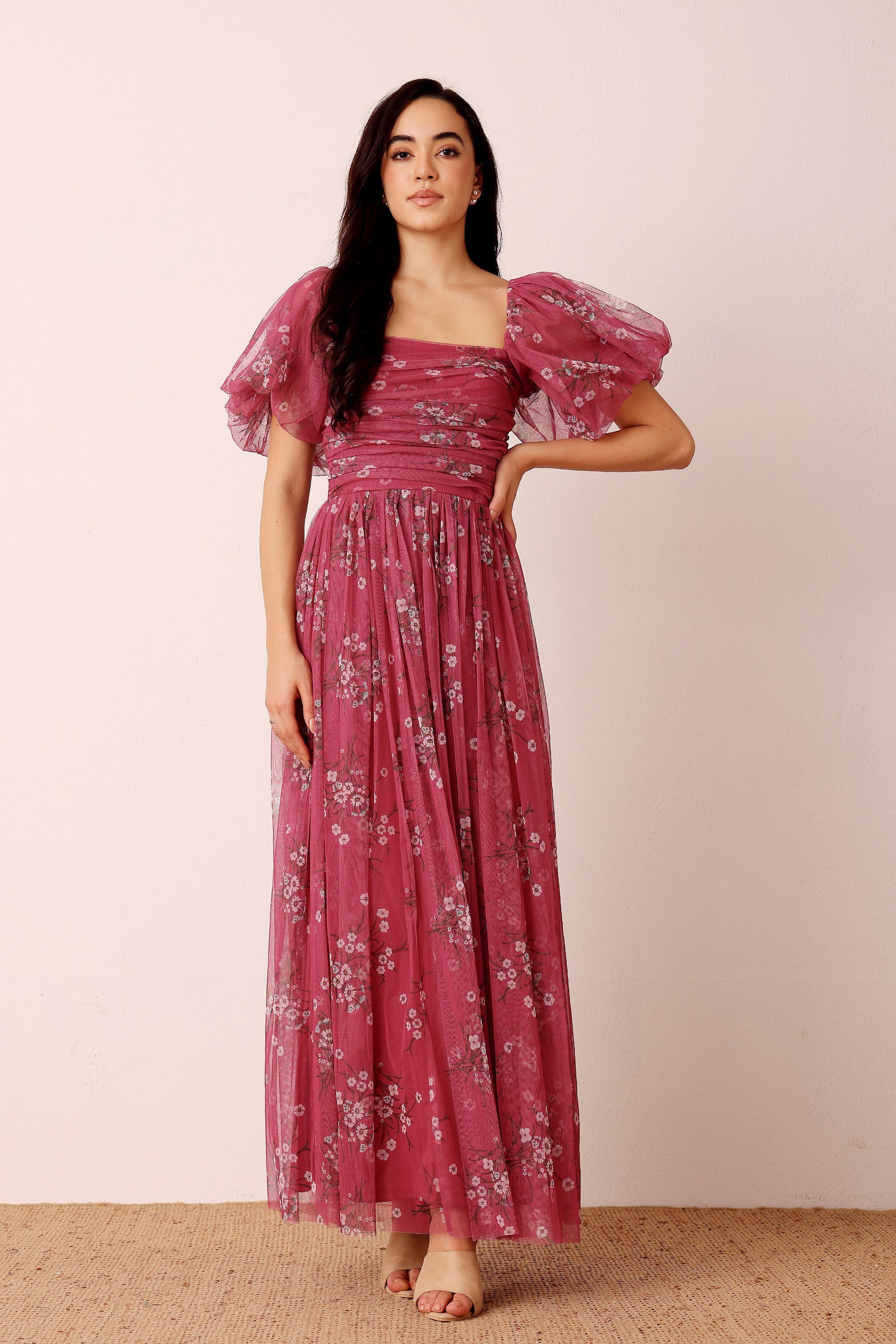 Tulle puff sleeve garden party rouched bodice a-line maxi dress orchid floral