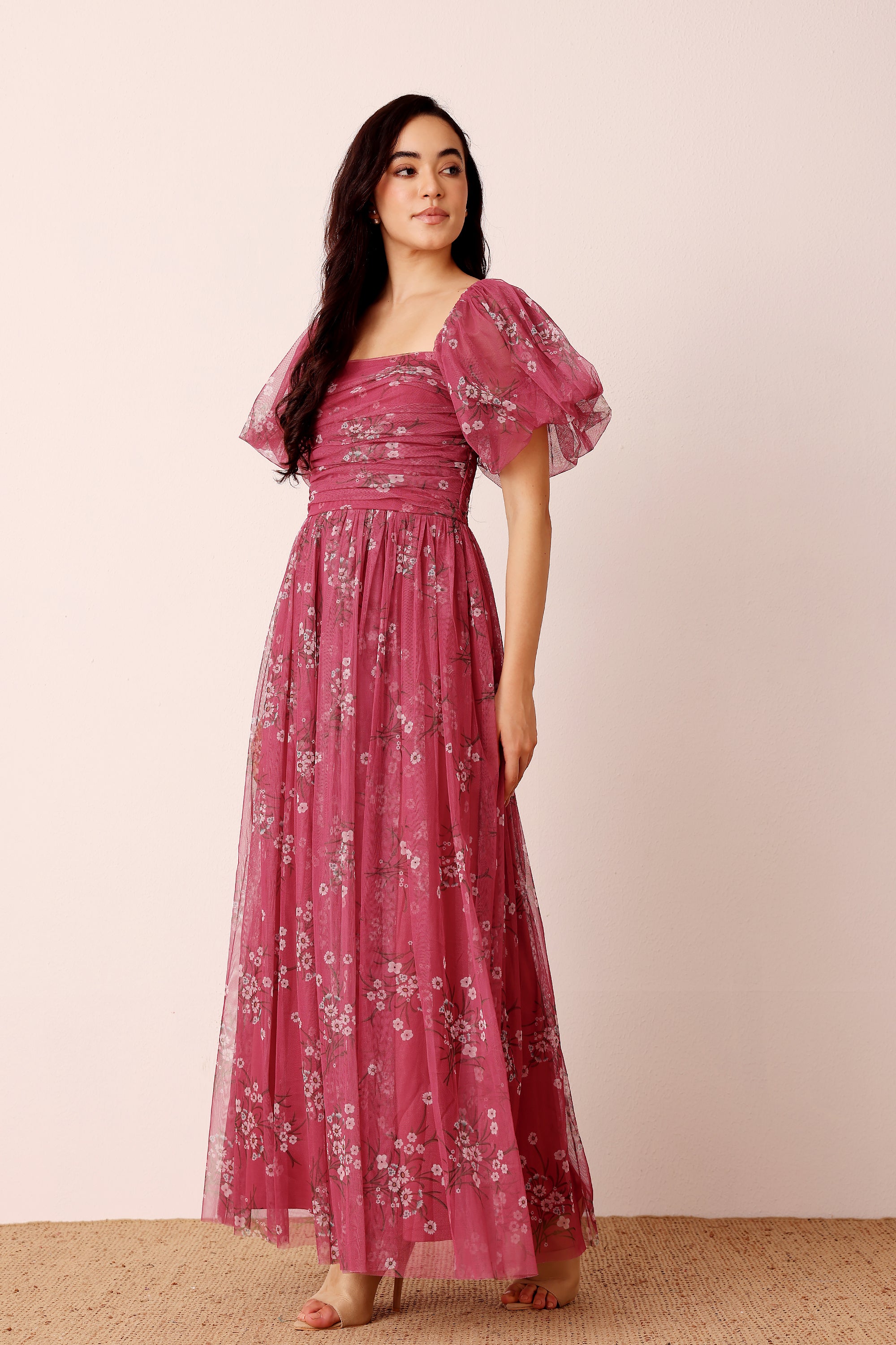 Lana Puff Sleeve Tulle Maxi Dress in Orchid Floral