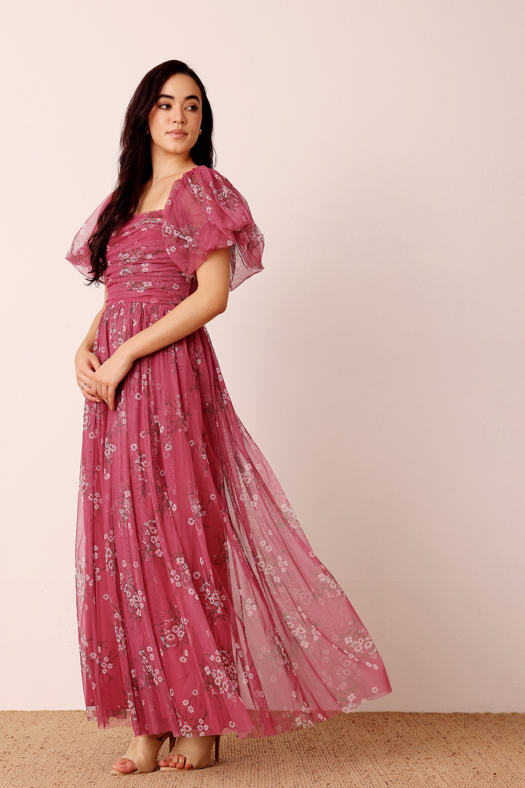 Lana Puff Sleeve Tulle Maxi Dress in Orchid Floral