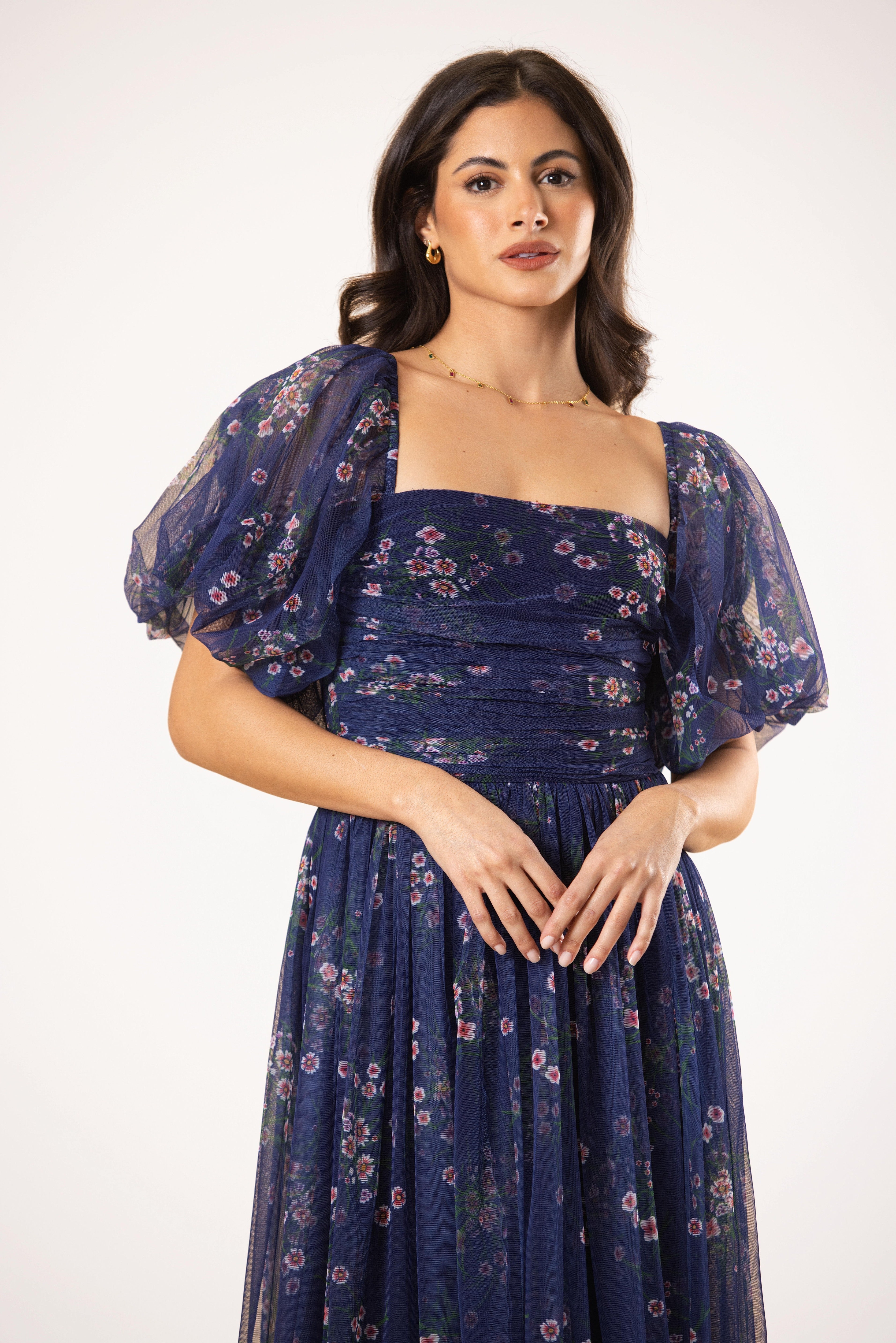 Lana Puff Sleeve Tulle Midi Dress in Navy Floral