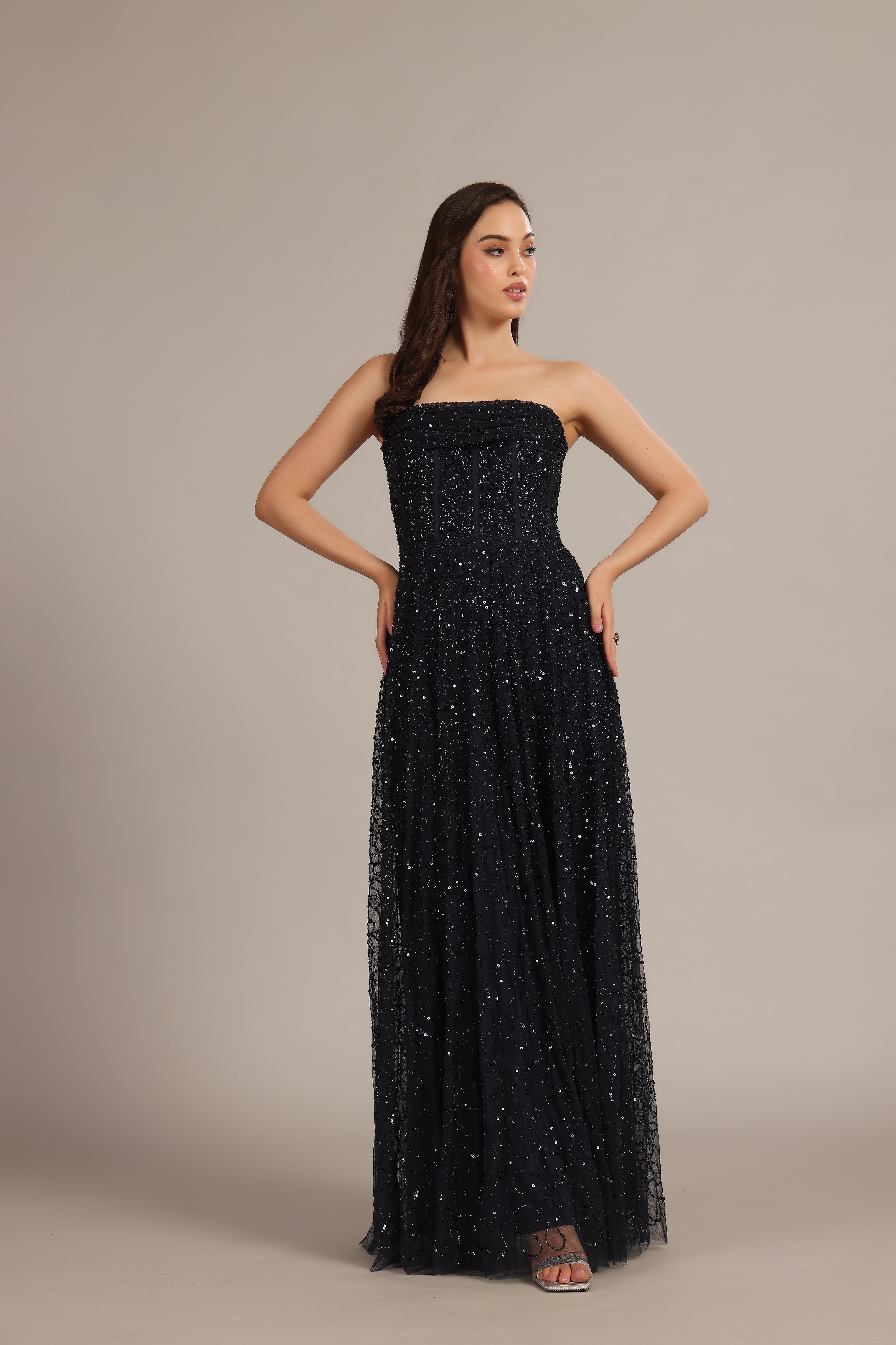 Leona Embellished Maxi Dress in Navy Blue