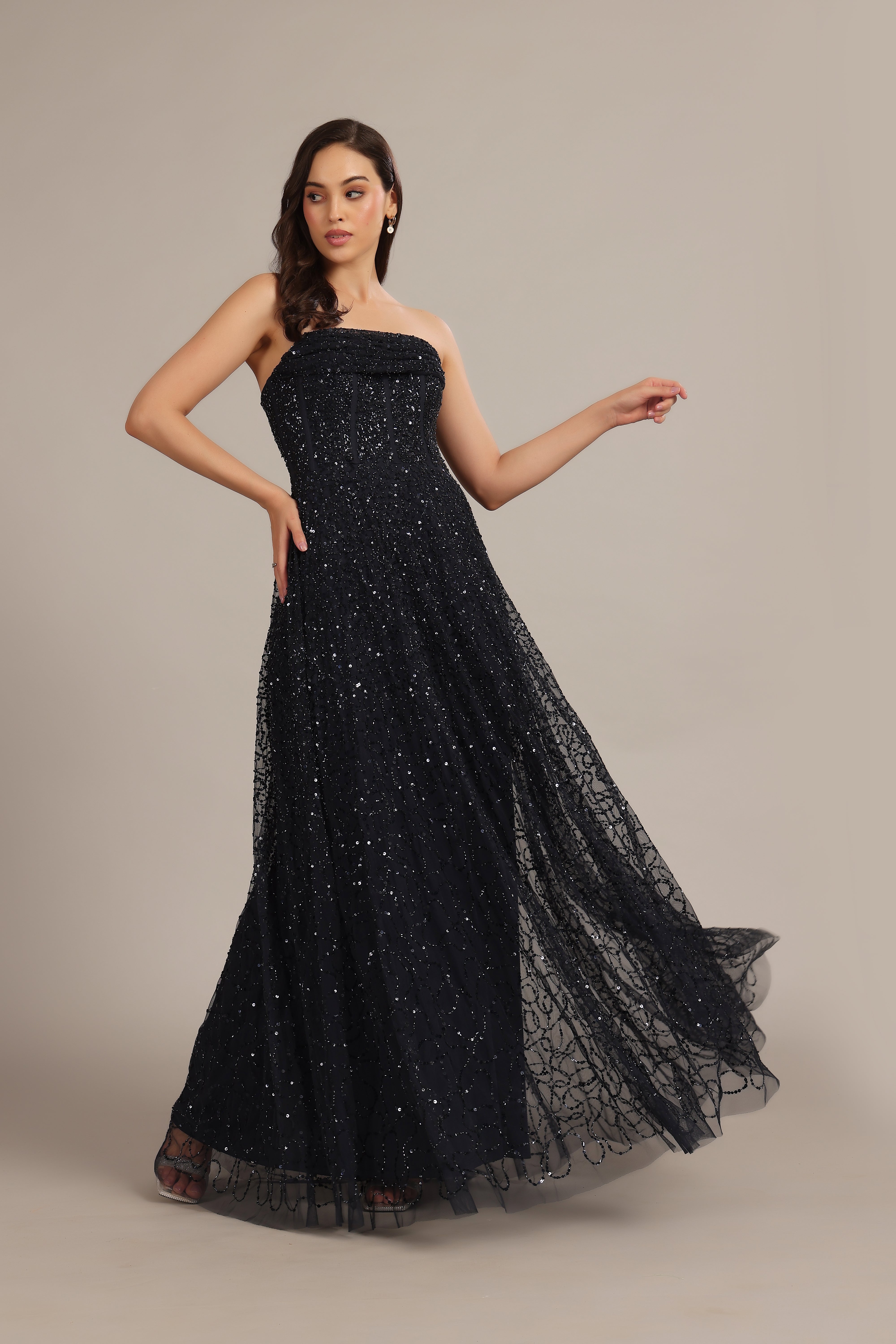 Embellished Maxi Strapless Dress Corset Navy Blue Cocktail Formal