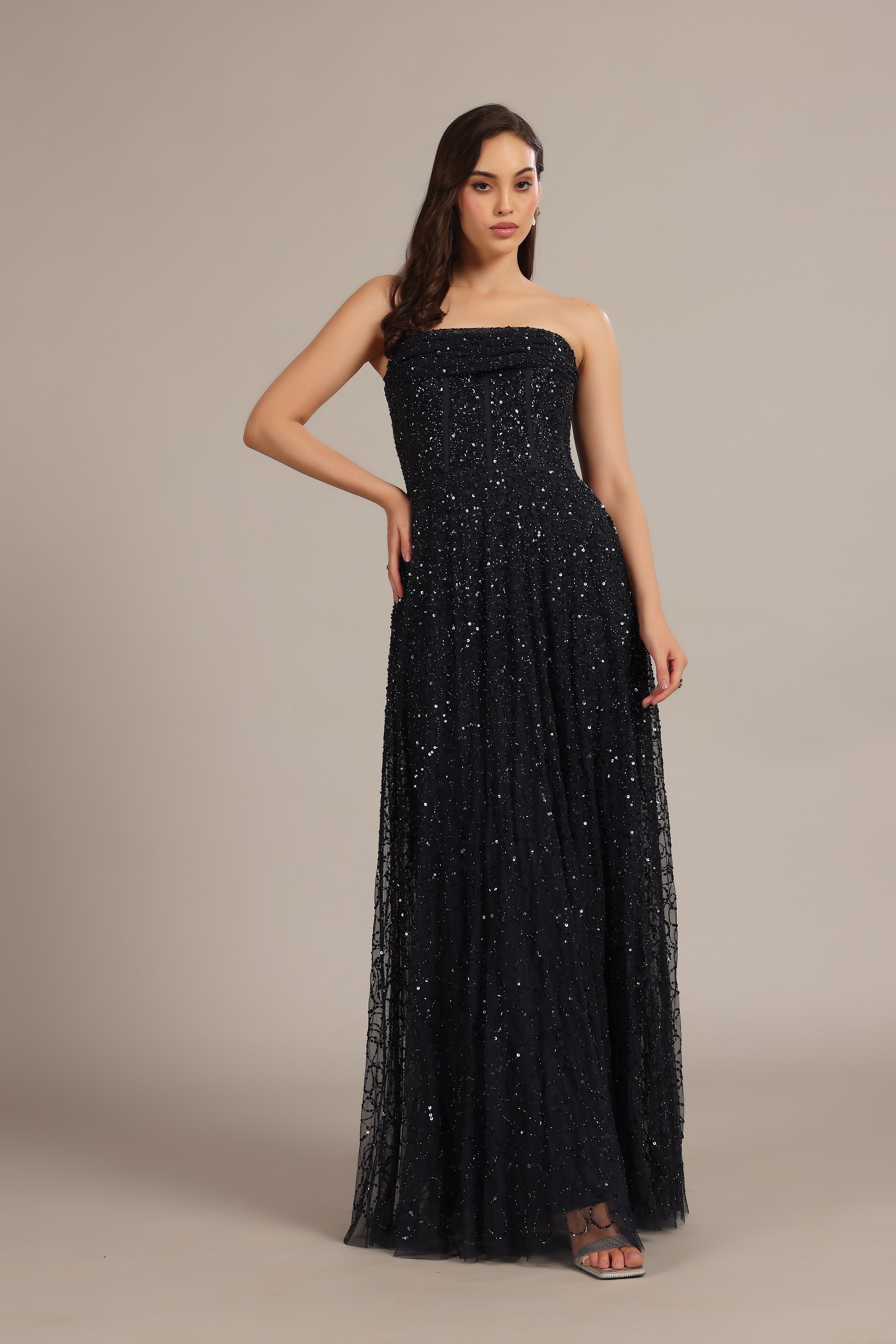 Leona Embellished Maxi Dress in Navy Blue