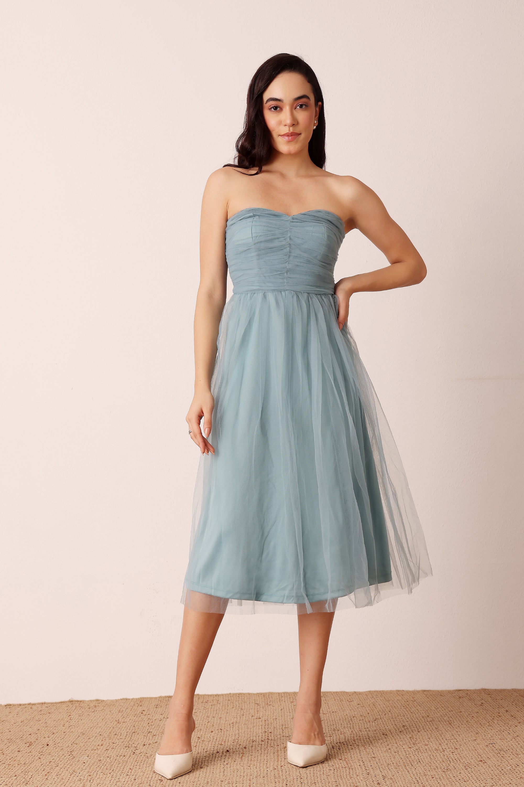 Strapless sweetheart neckline dusty blue a-line midi dress