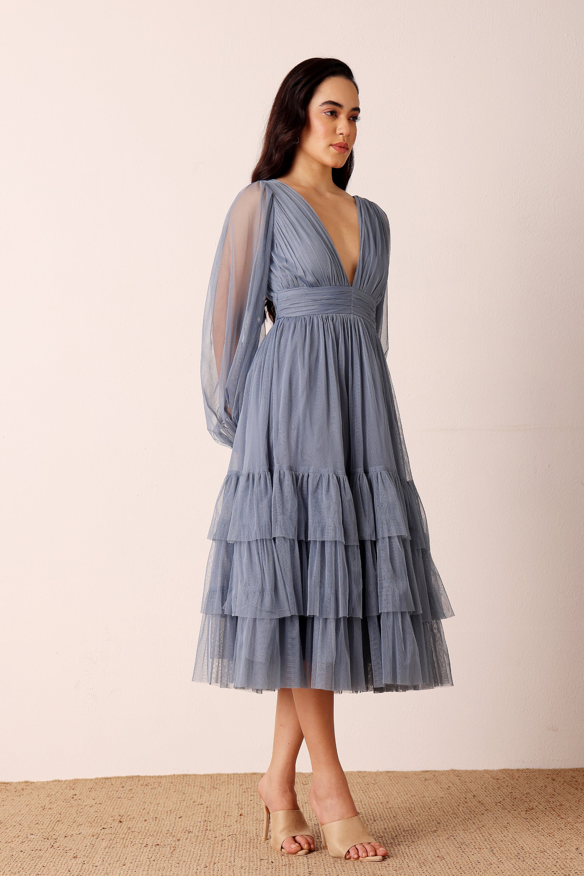 Bridesmaid wedding guest plunging v-neckline tiered midi dress dusty blue