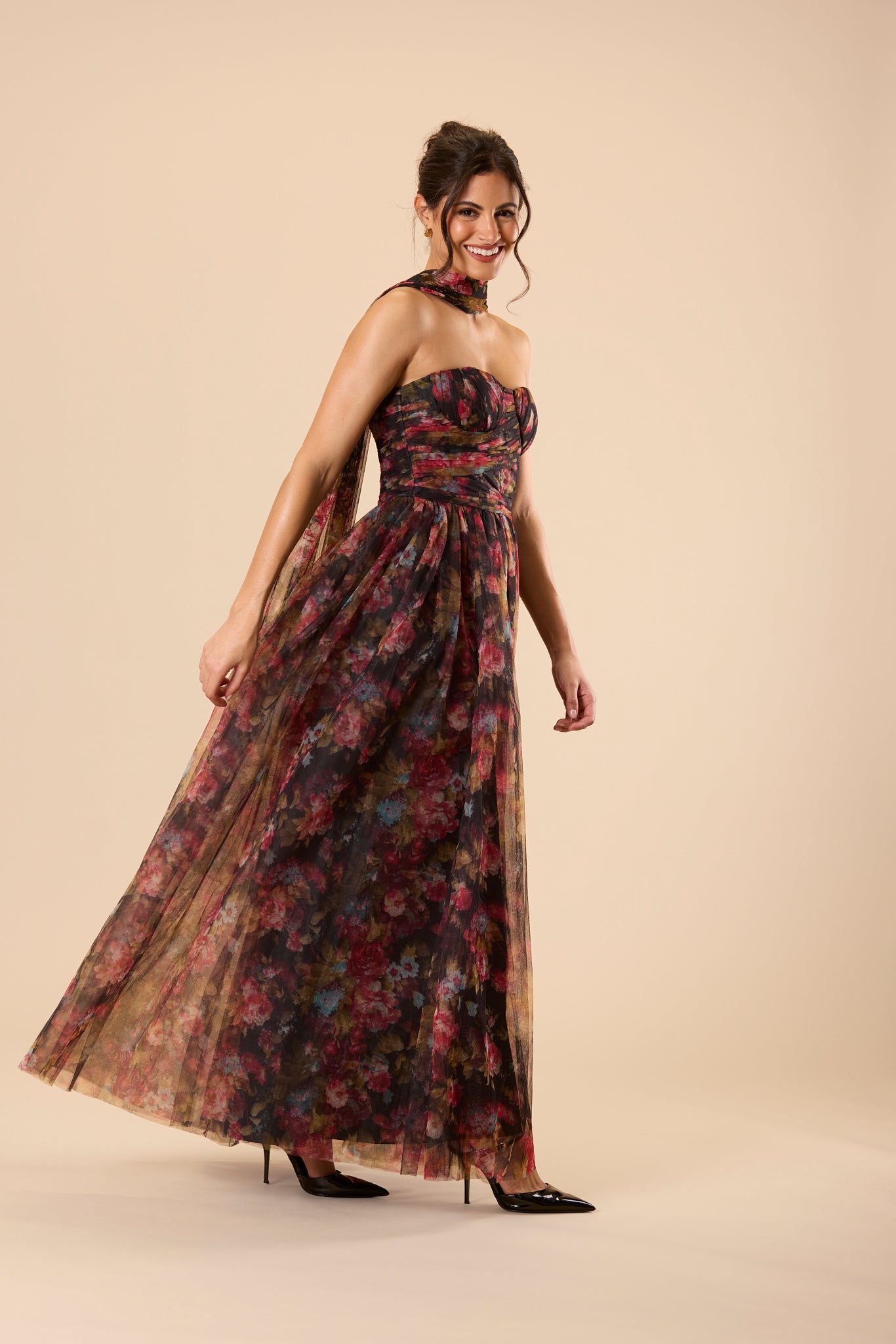 Lorena Strapless Tulle Maxi Dress in Black Floral with Scarf