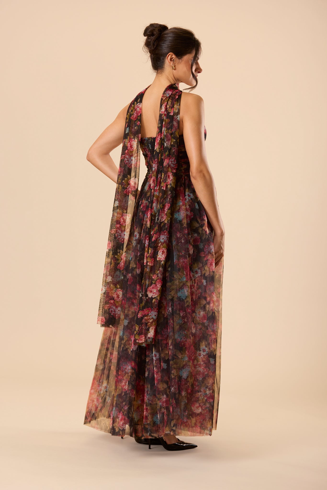Lorena Strapless Tulle Maxi Dress in Black Floral with Scarf