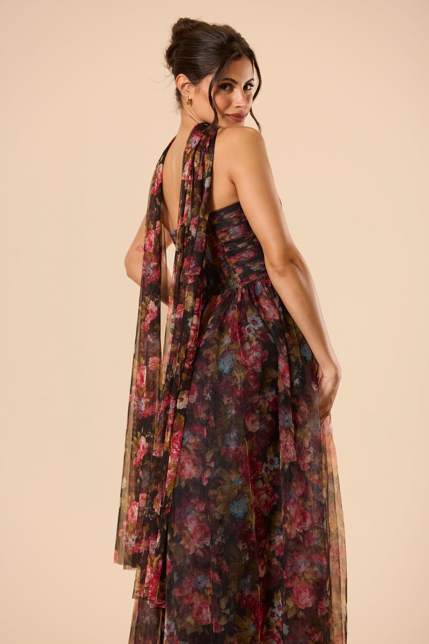 Lorena Strapless Tulle Maxi Dress in Black Floral with Scarf