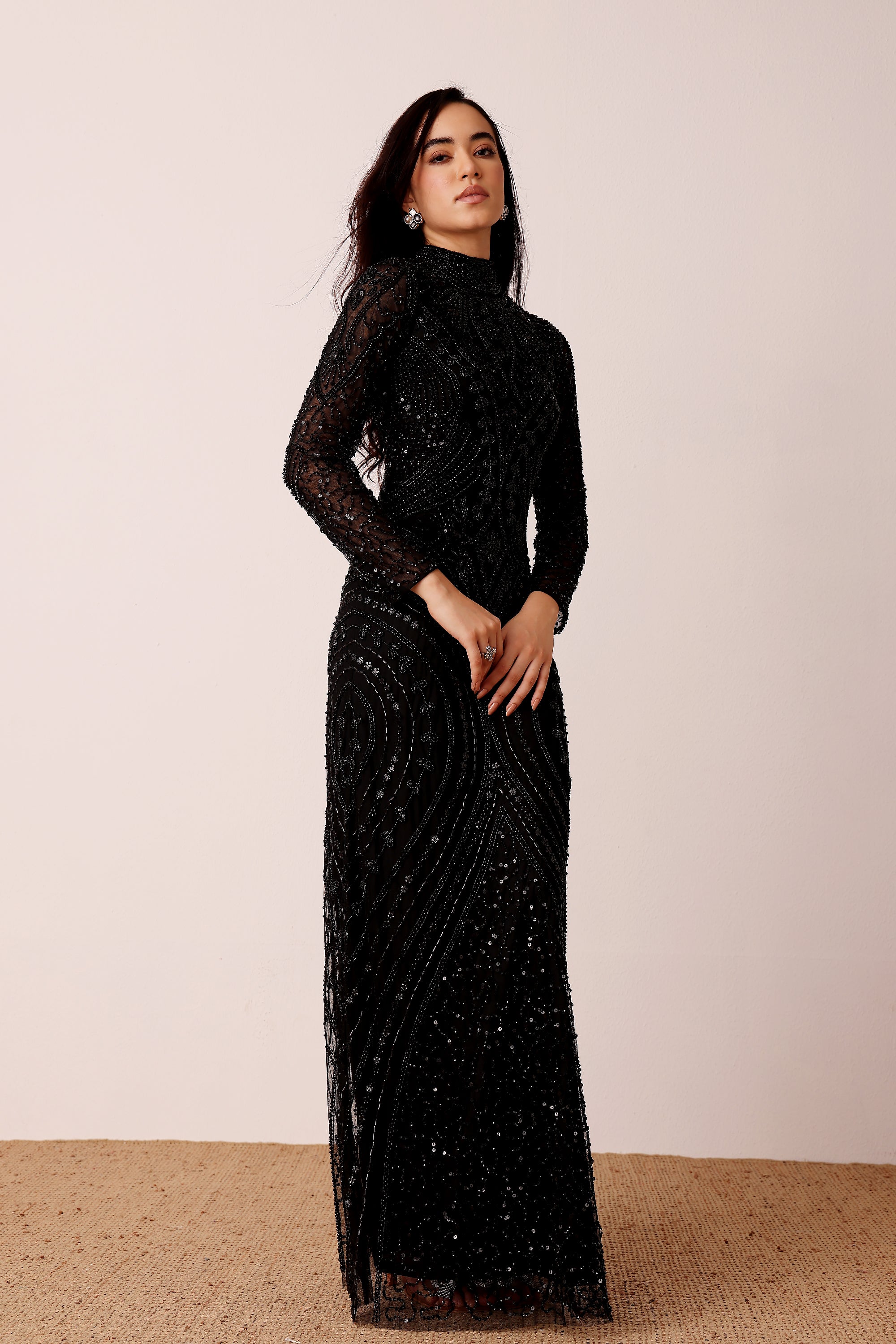 Lotus Embellished Maxi Dress in Black