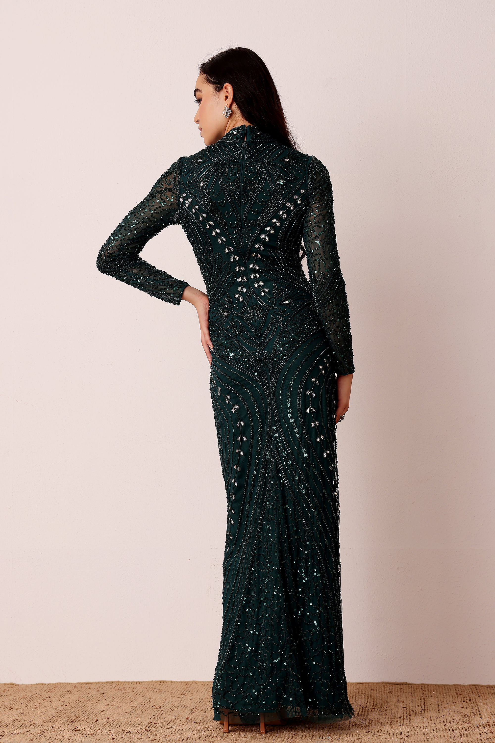 Lotus Embellished Maxi Dress in Emerald Green