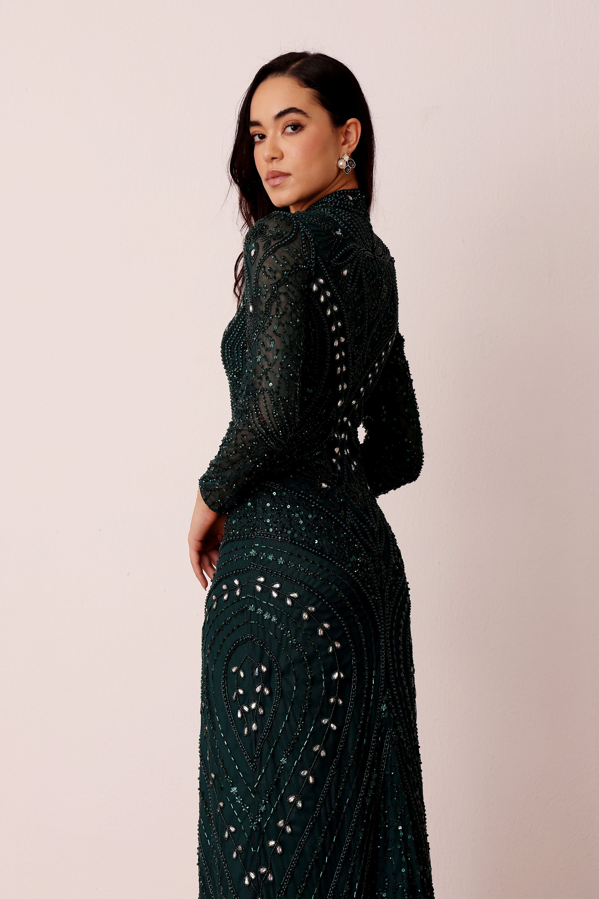 Embellished long sleeve sparkly sequin modest maxi dress in emerald green silver