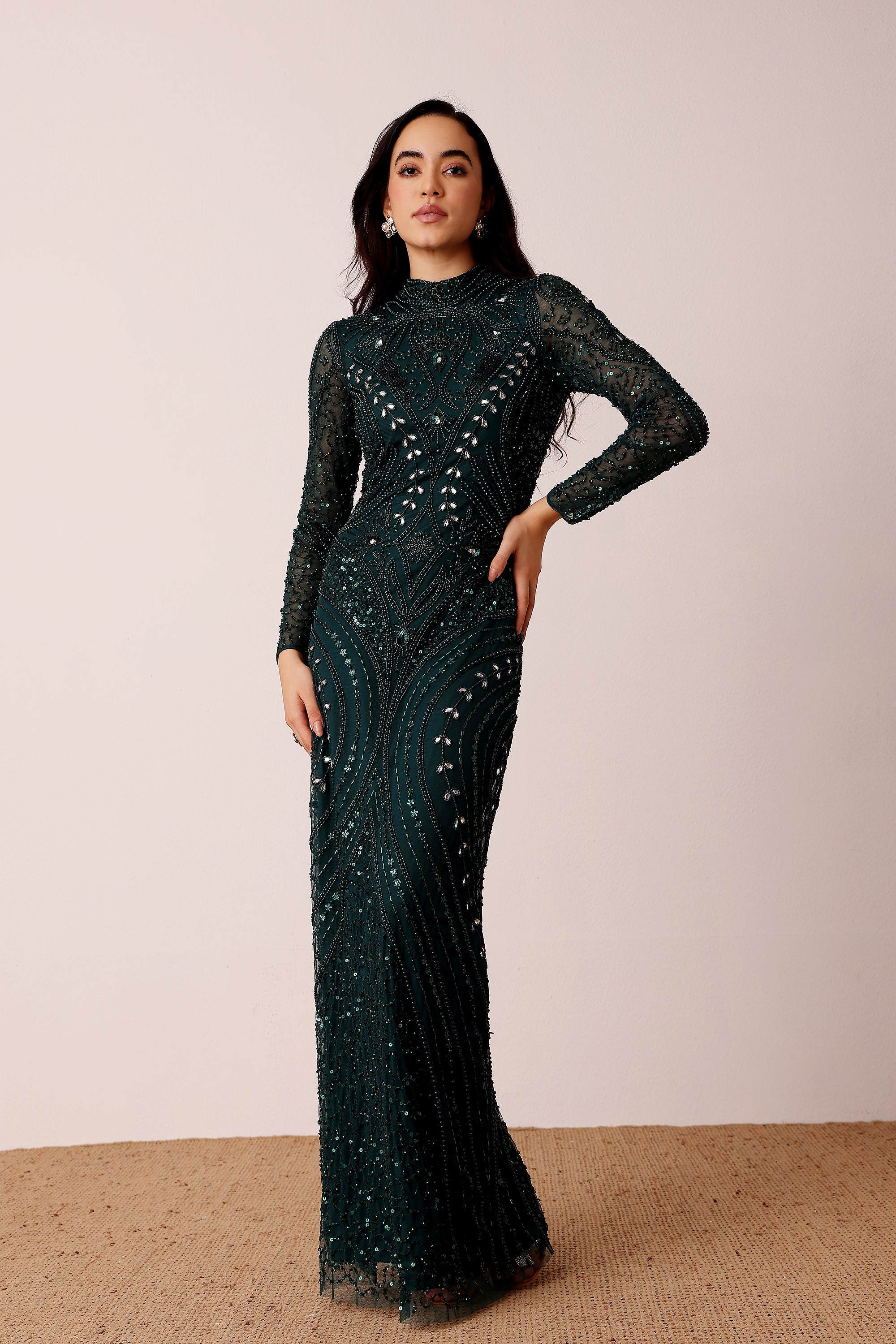 Lotus Embellished Maxi Dress in Emerald Green1
