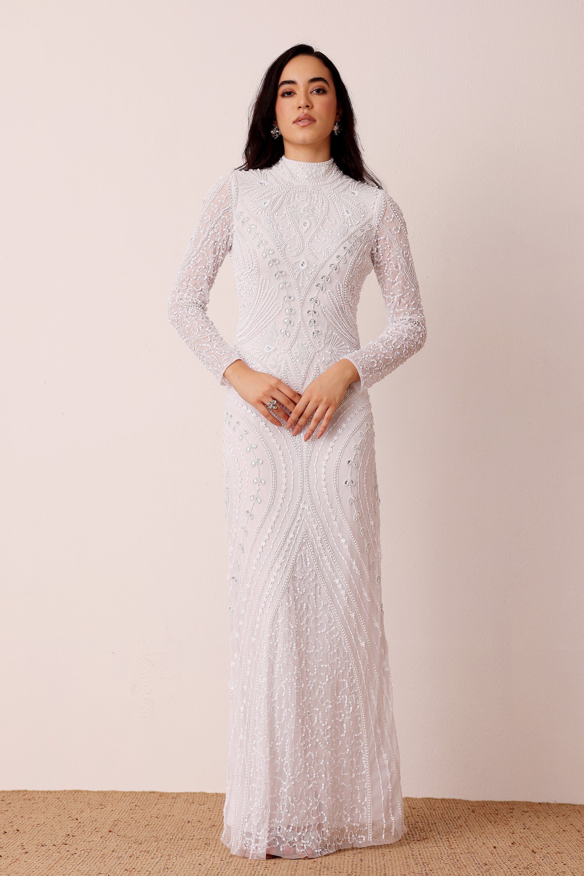 Maxi Dress Long Sleeve White Sequin Dress Mesh White Lace Sequin