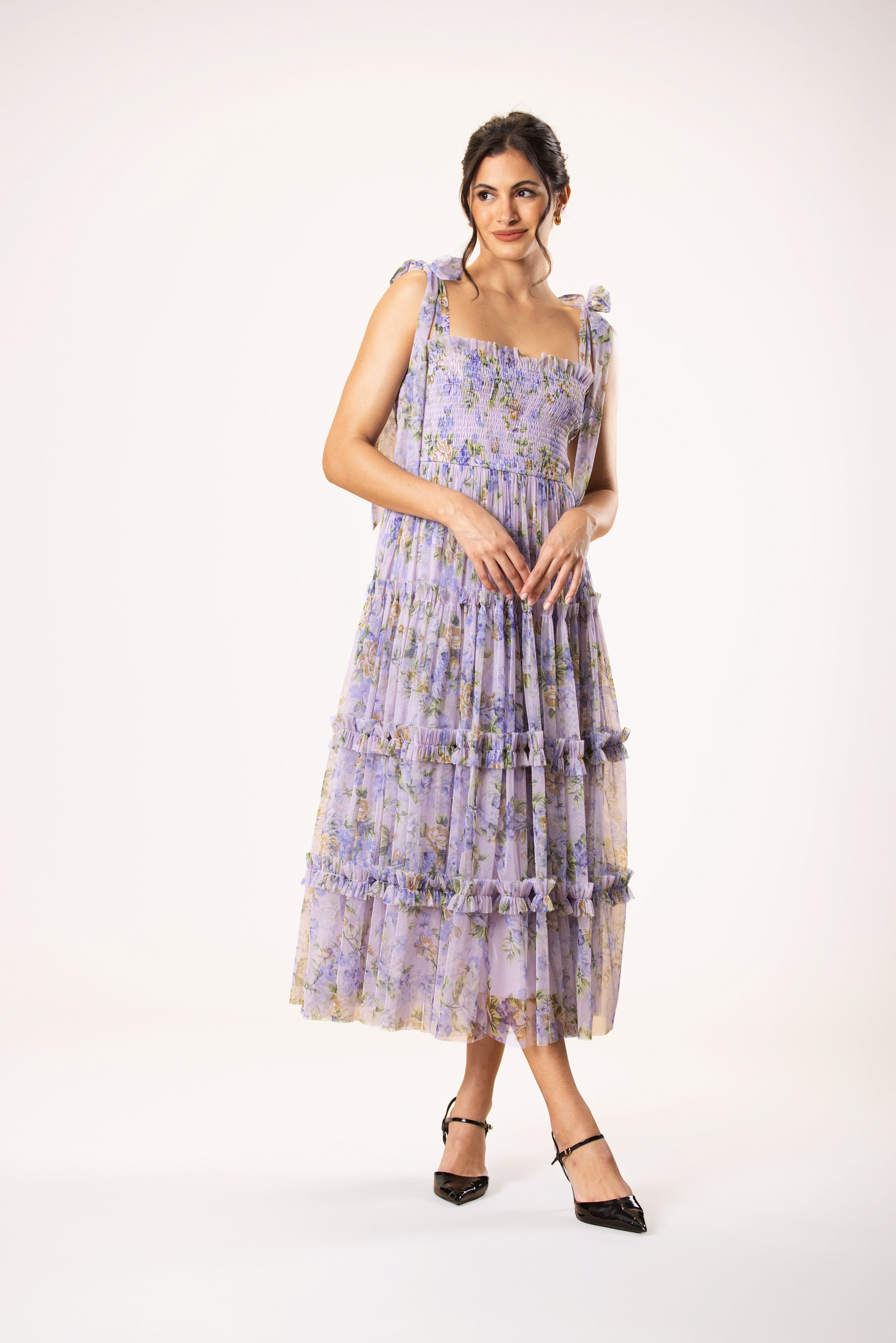 Louise Tulle Midi Dress in Lilac Print