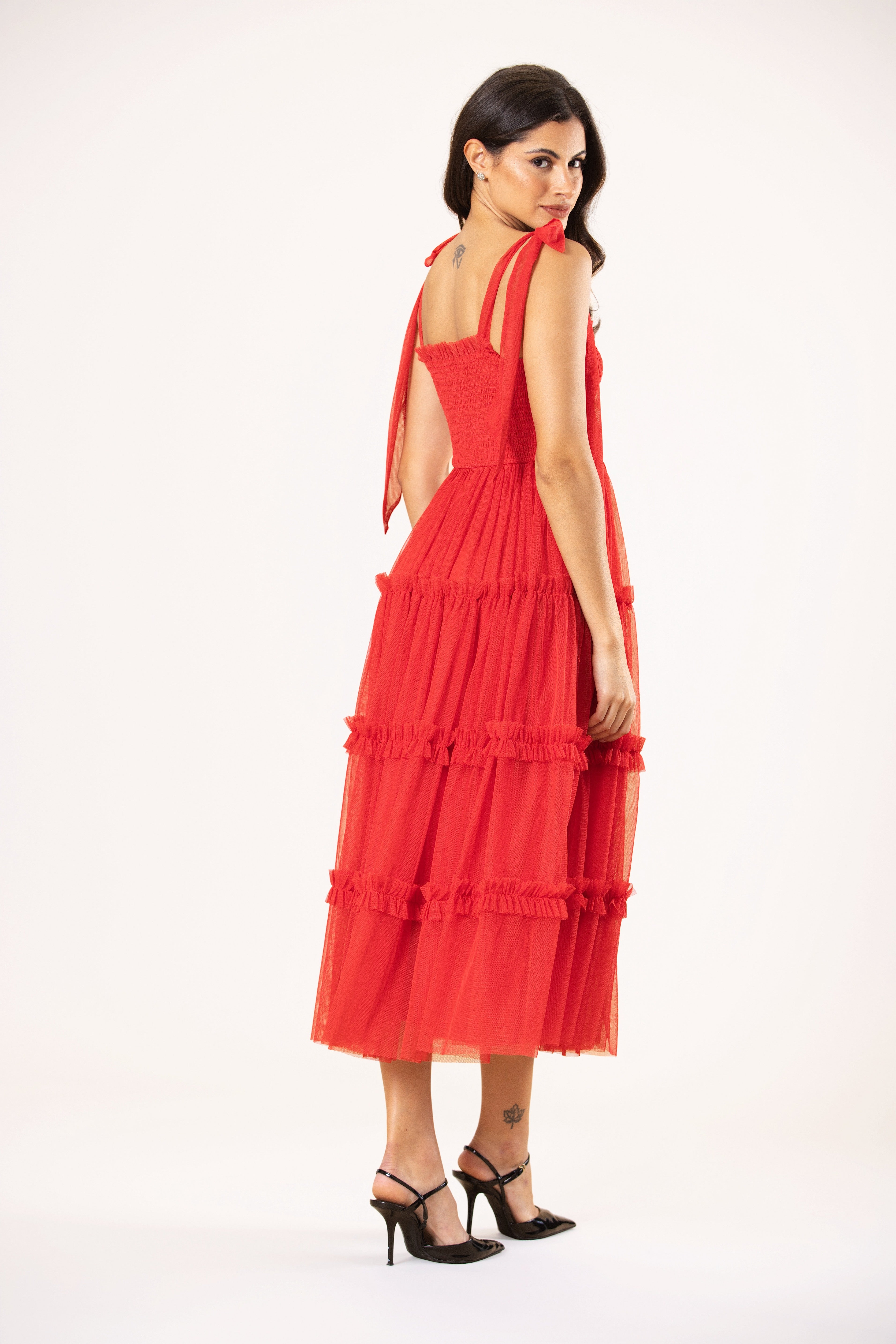 Louise Tulle Midi Dress in Red