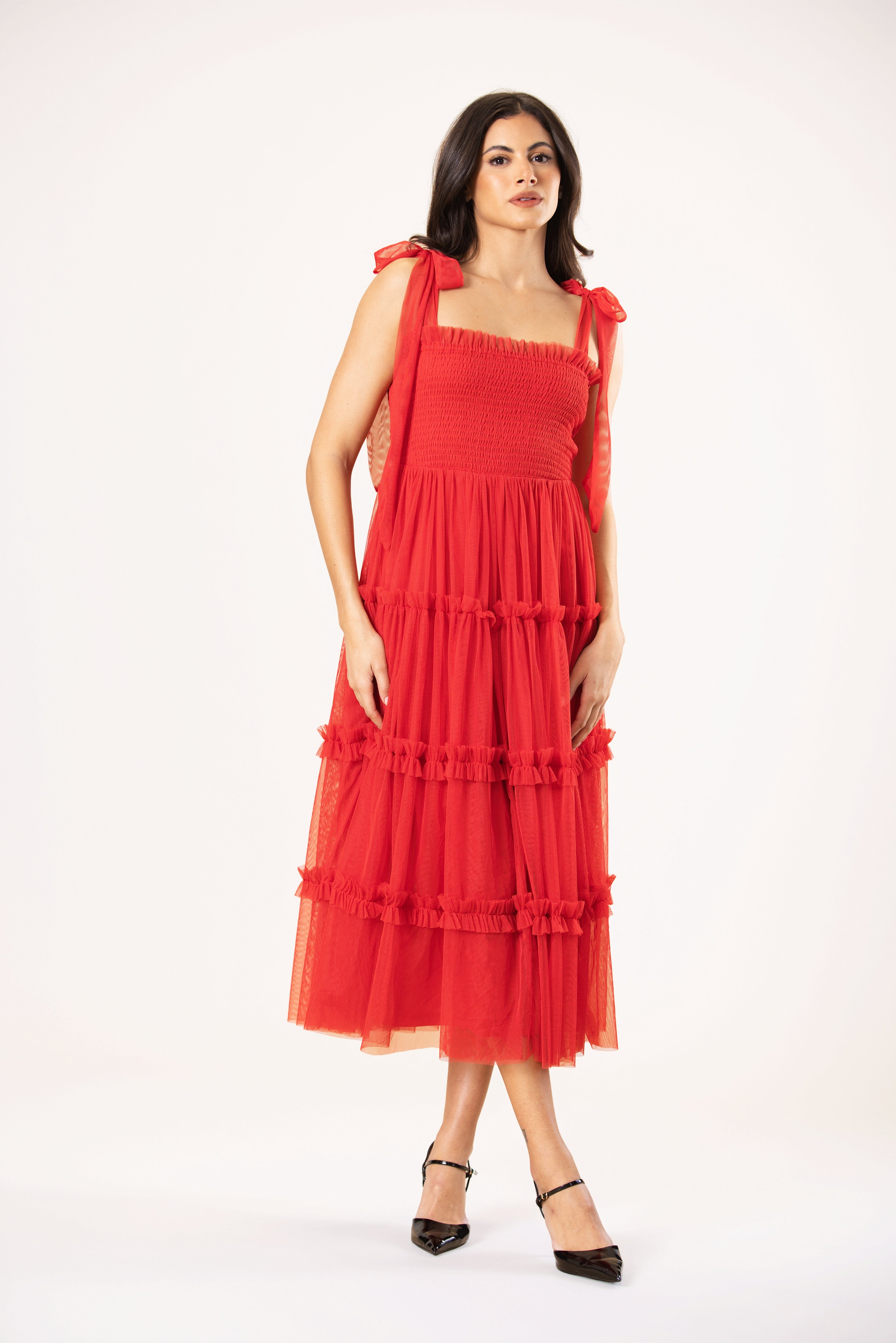 Spring summer bright red soft tulle holiday vacation midi dress