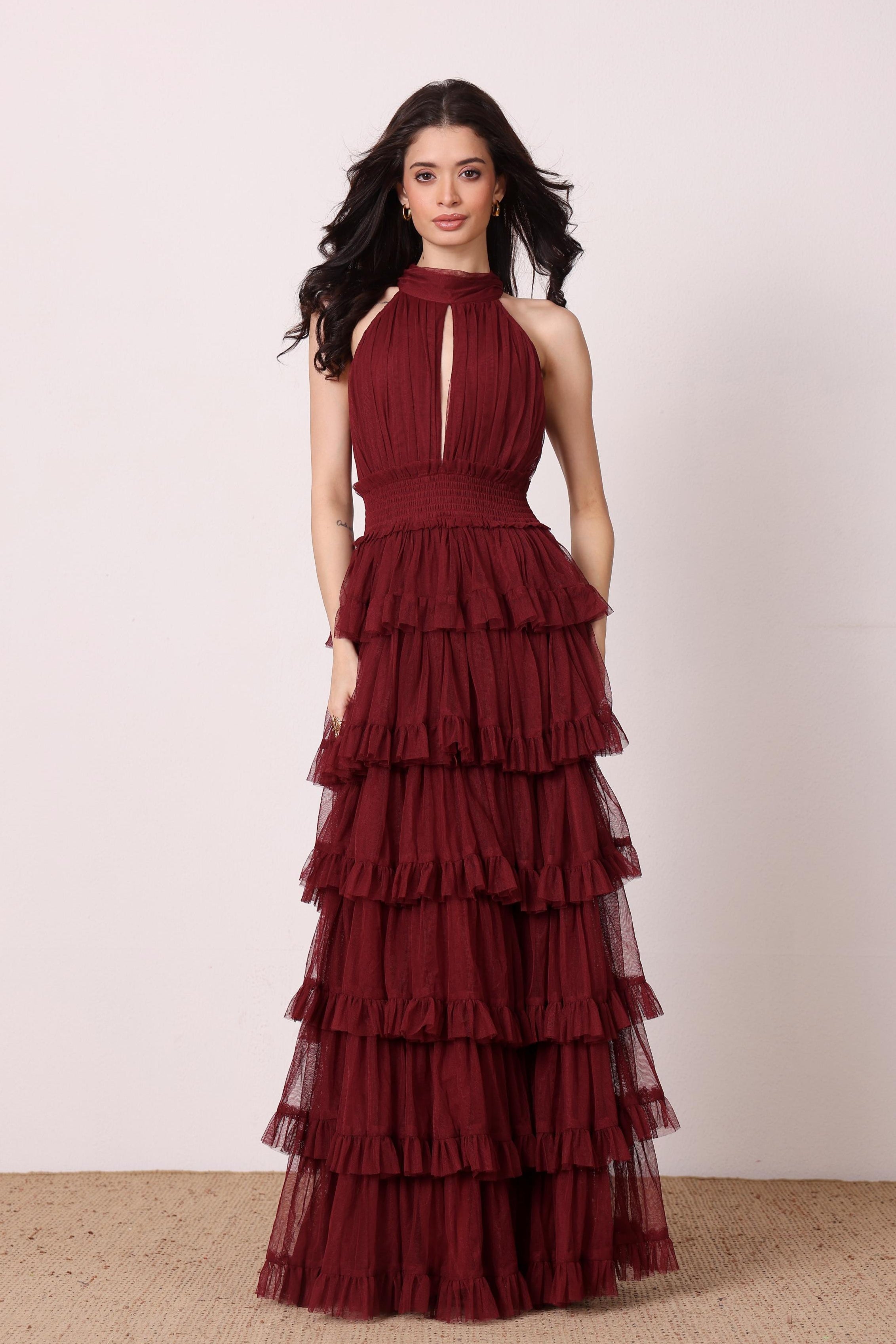 High neck tulle mesh keyhole tiered skirt backless burgundy red oxblood maxi dress