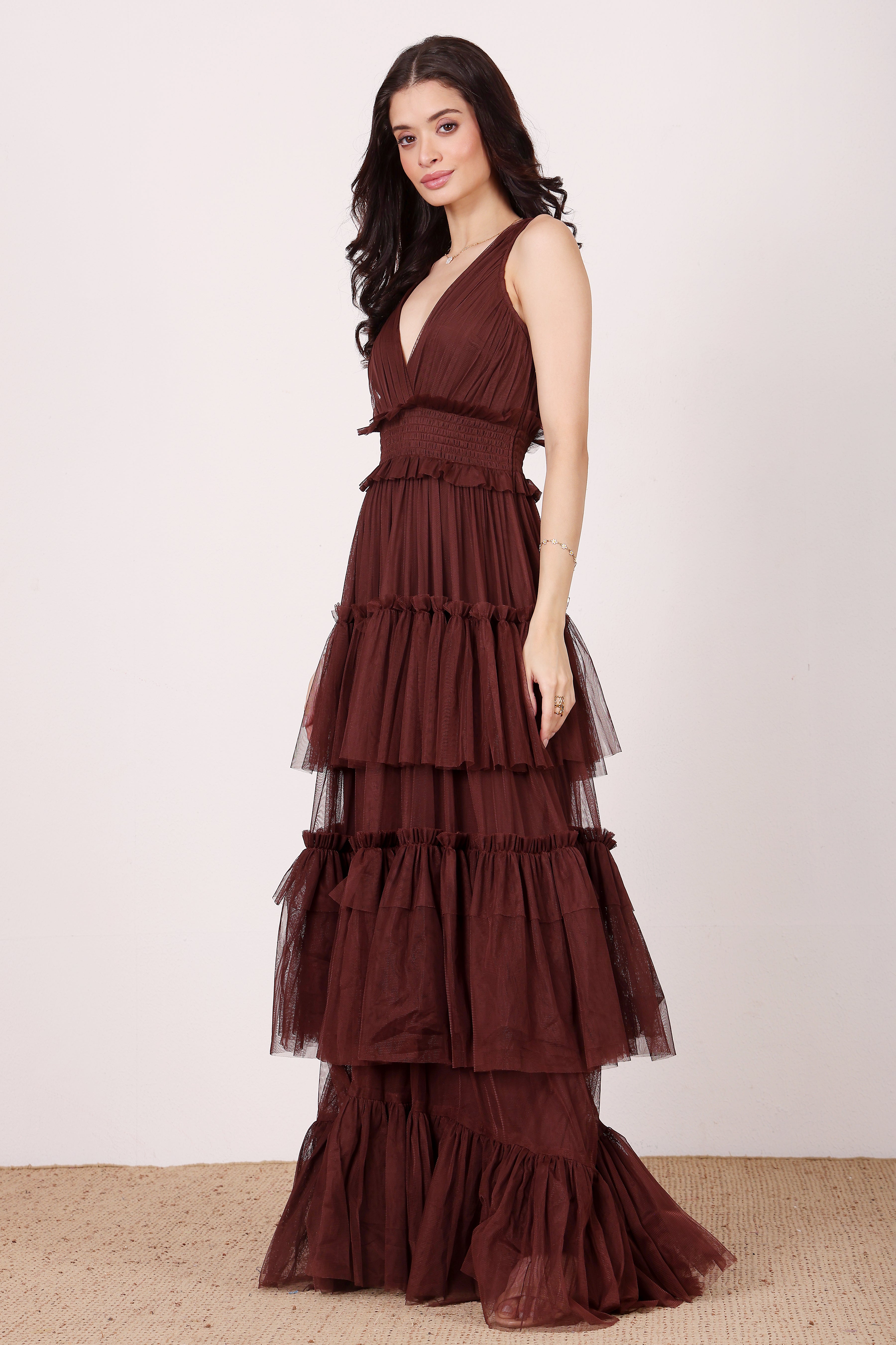 V-neckline sleeveless tiered maxi deep brown formal dress