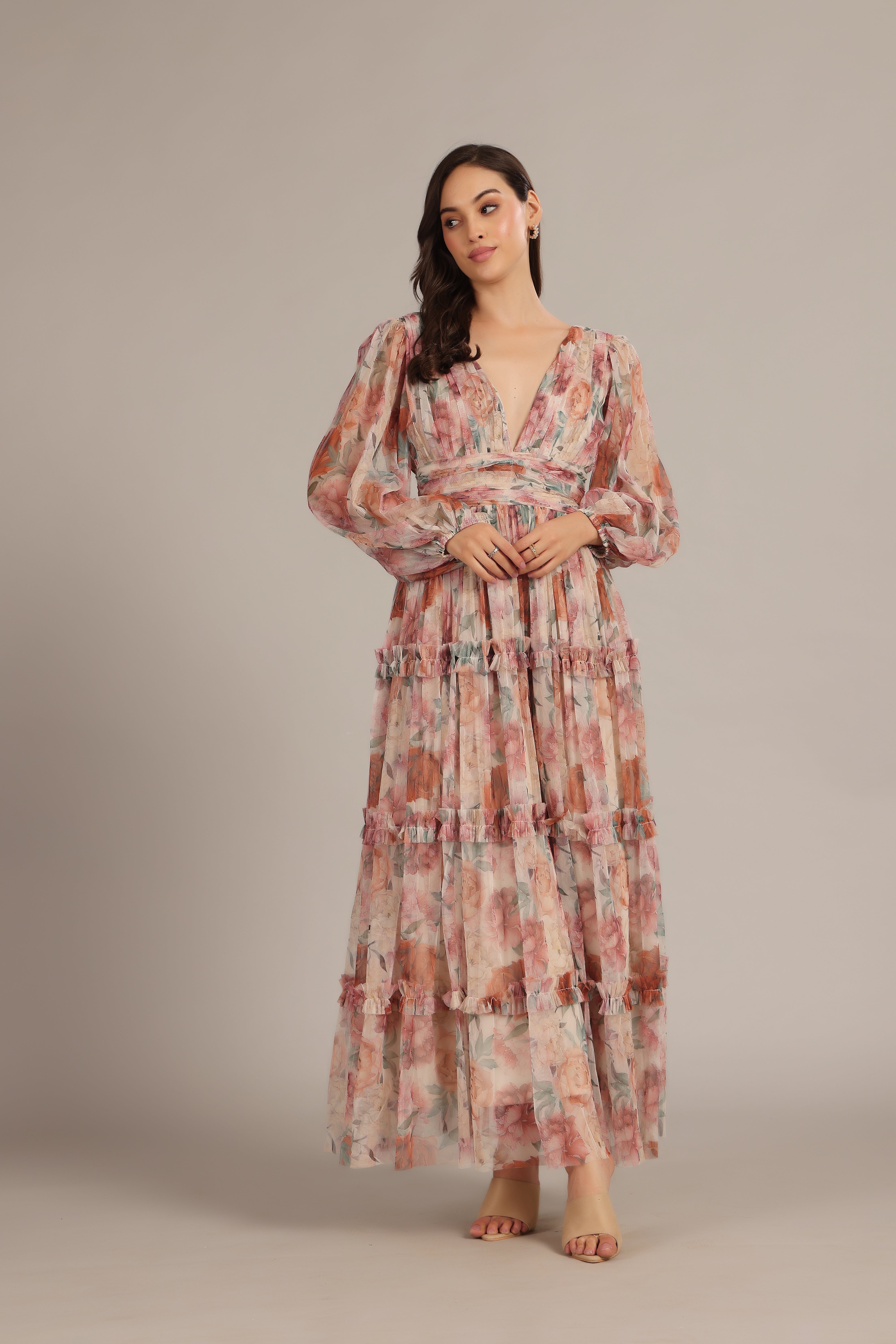 Wedding Guest Garden Party Formal Long Sleeve Plunging V-neck Floral Brown Maxi Dress