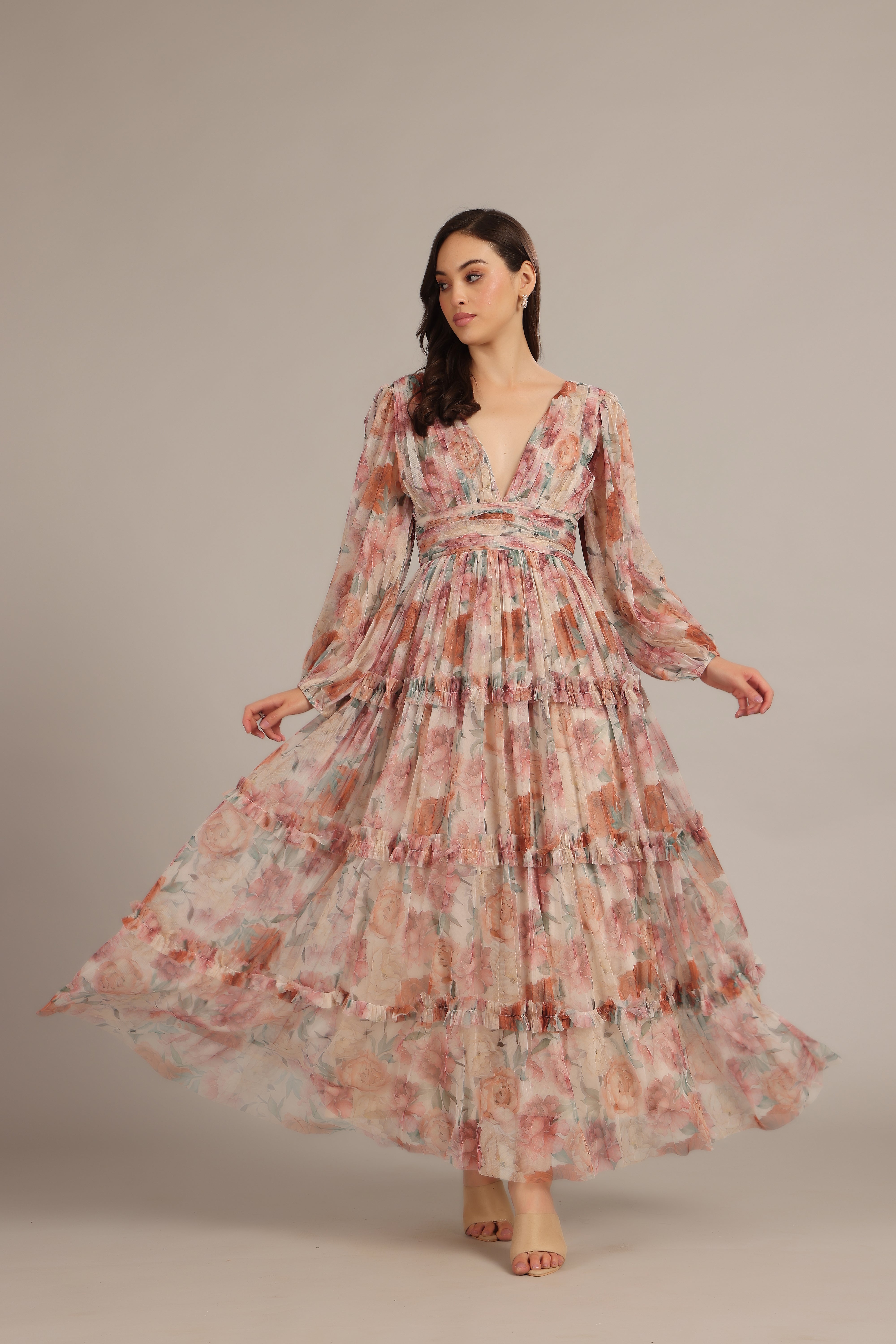 Wedding Guest Garden Party Formal Long Sleeve Plunging V-neck Floral Brown Maxi Dress