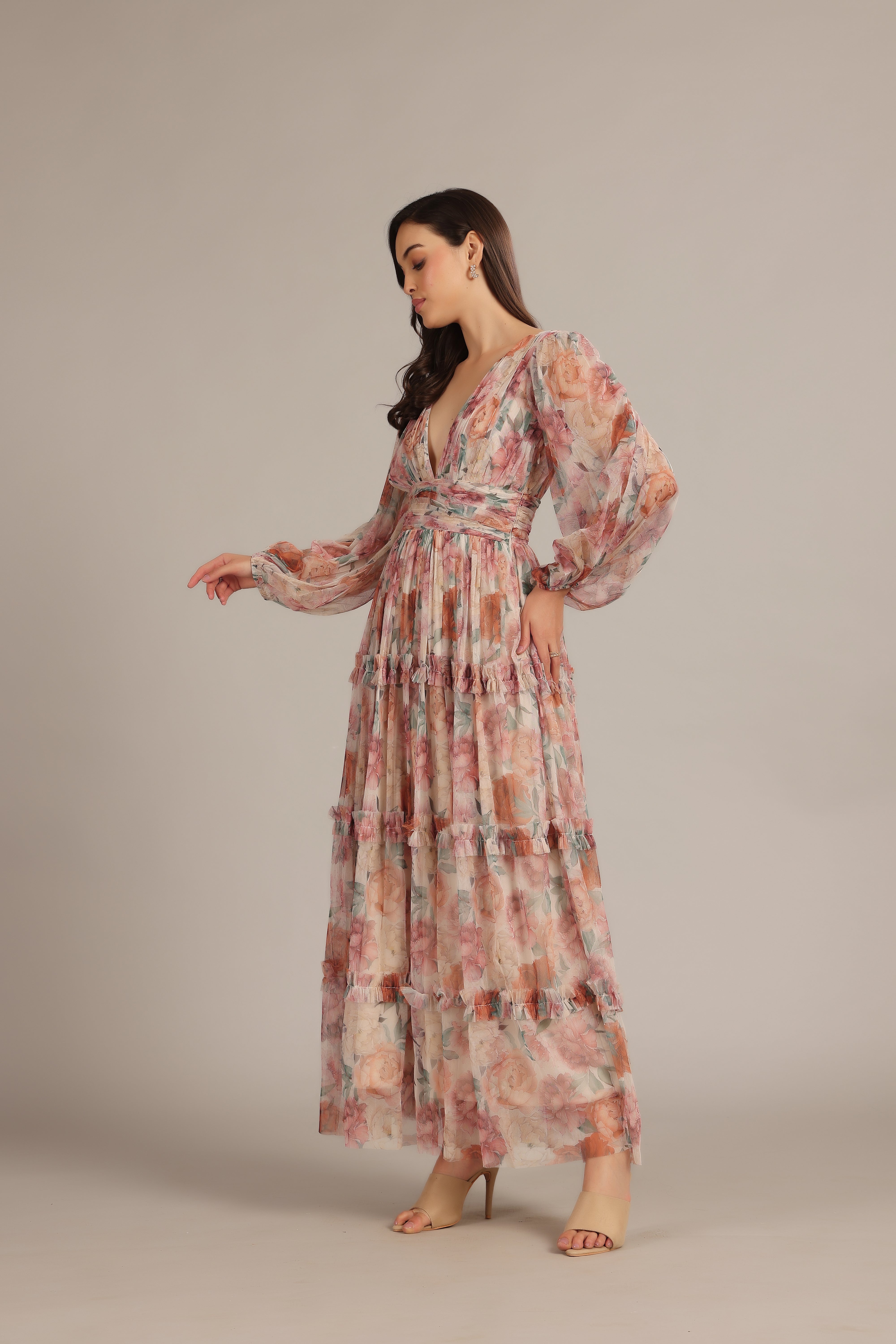Wedding Guest Garden Party Formal Long Sleeve Plunging V-neck Floral Brown Maxi Dress