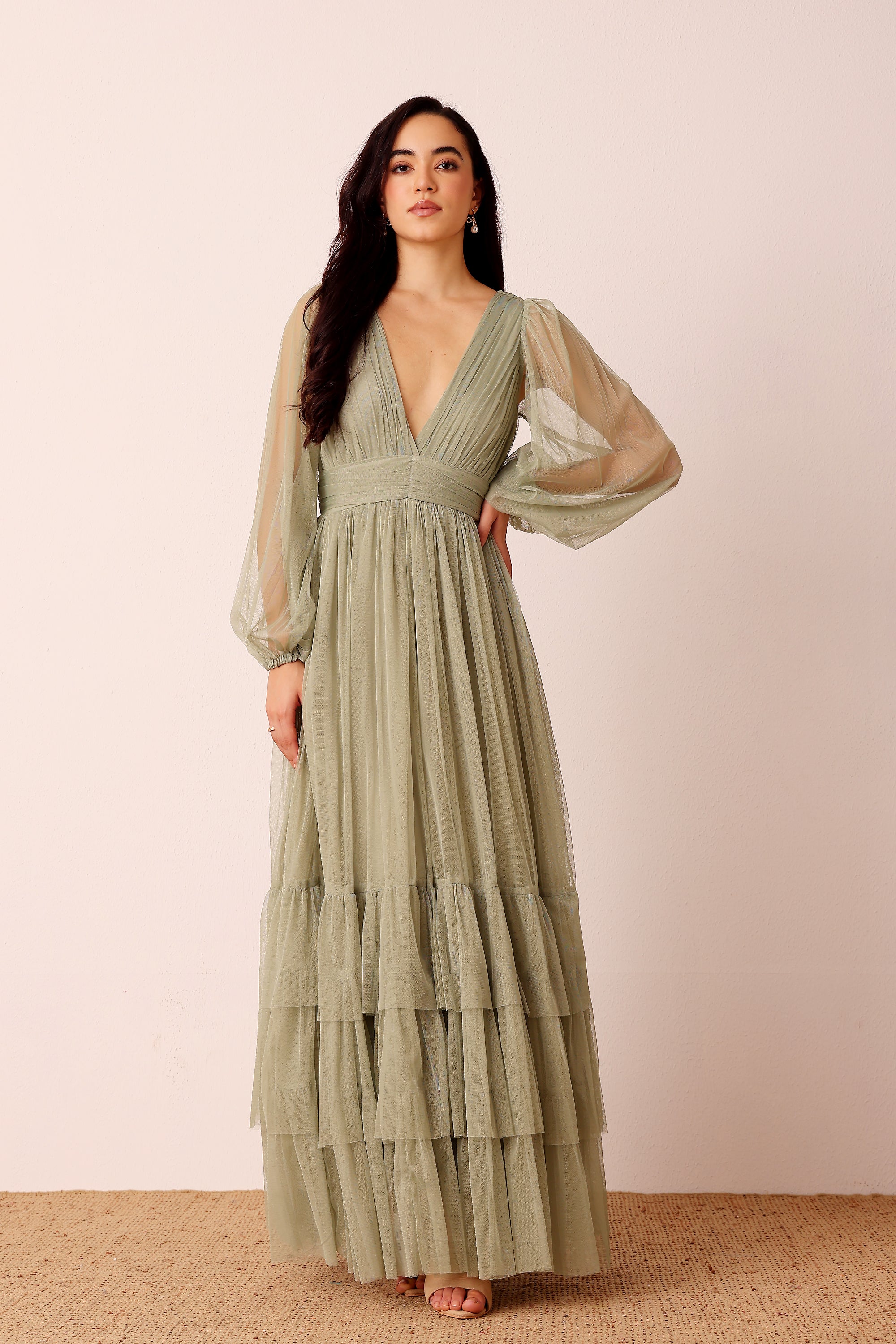 Long Sleeve plunging v wrapped bodice dusty sage green maxi dress wedding guest bridesmaid