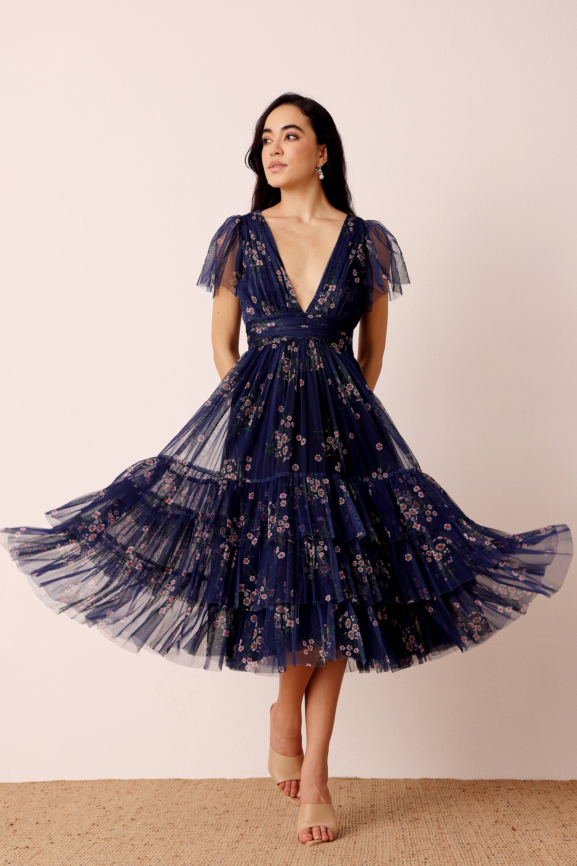 Navy Blue Flower Dress Uk Sleeveless Floral Print Midi Dress In