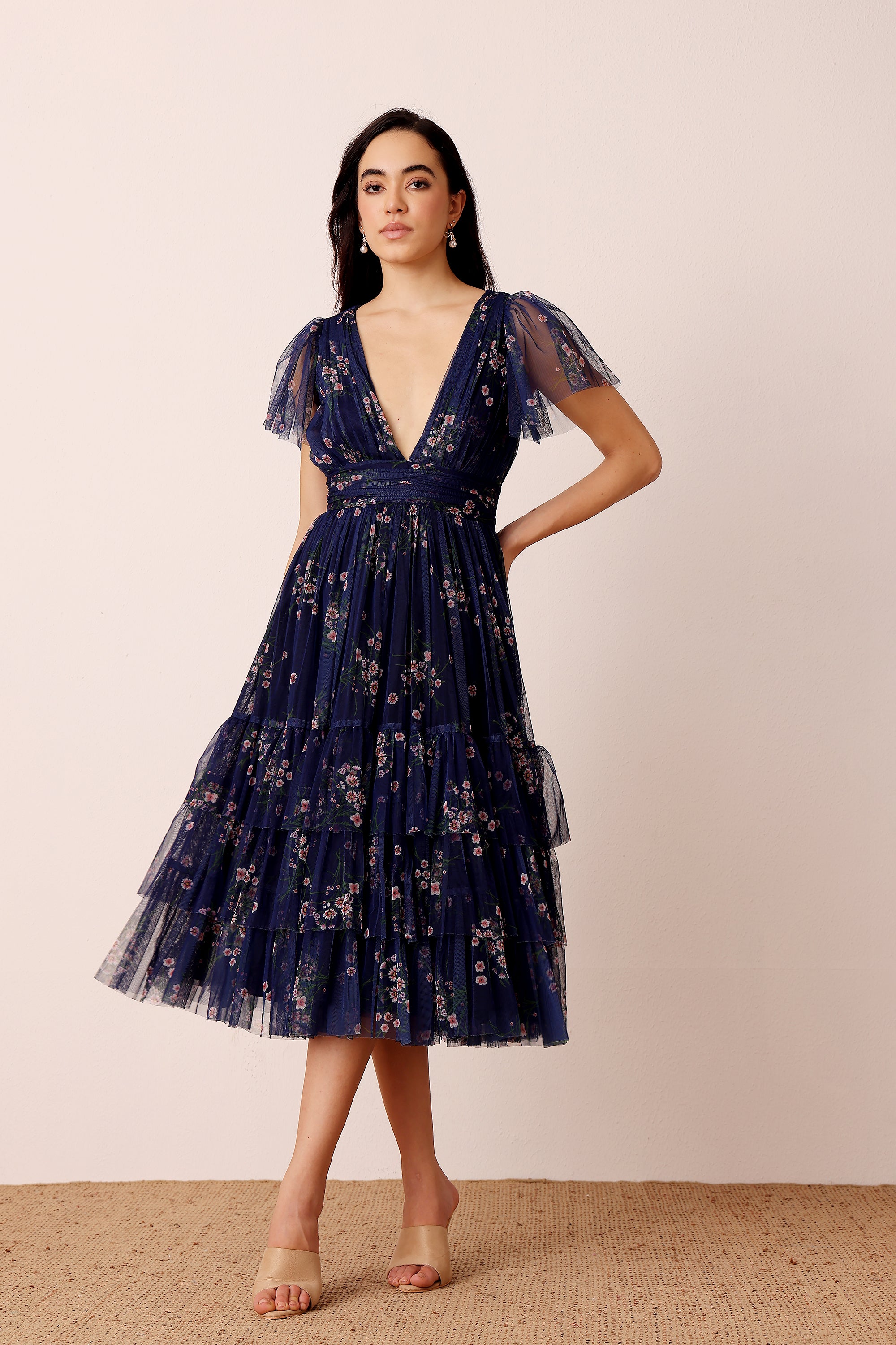 Smocked Madison Midi Dress in Navy Floral