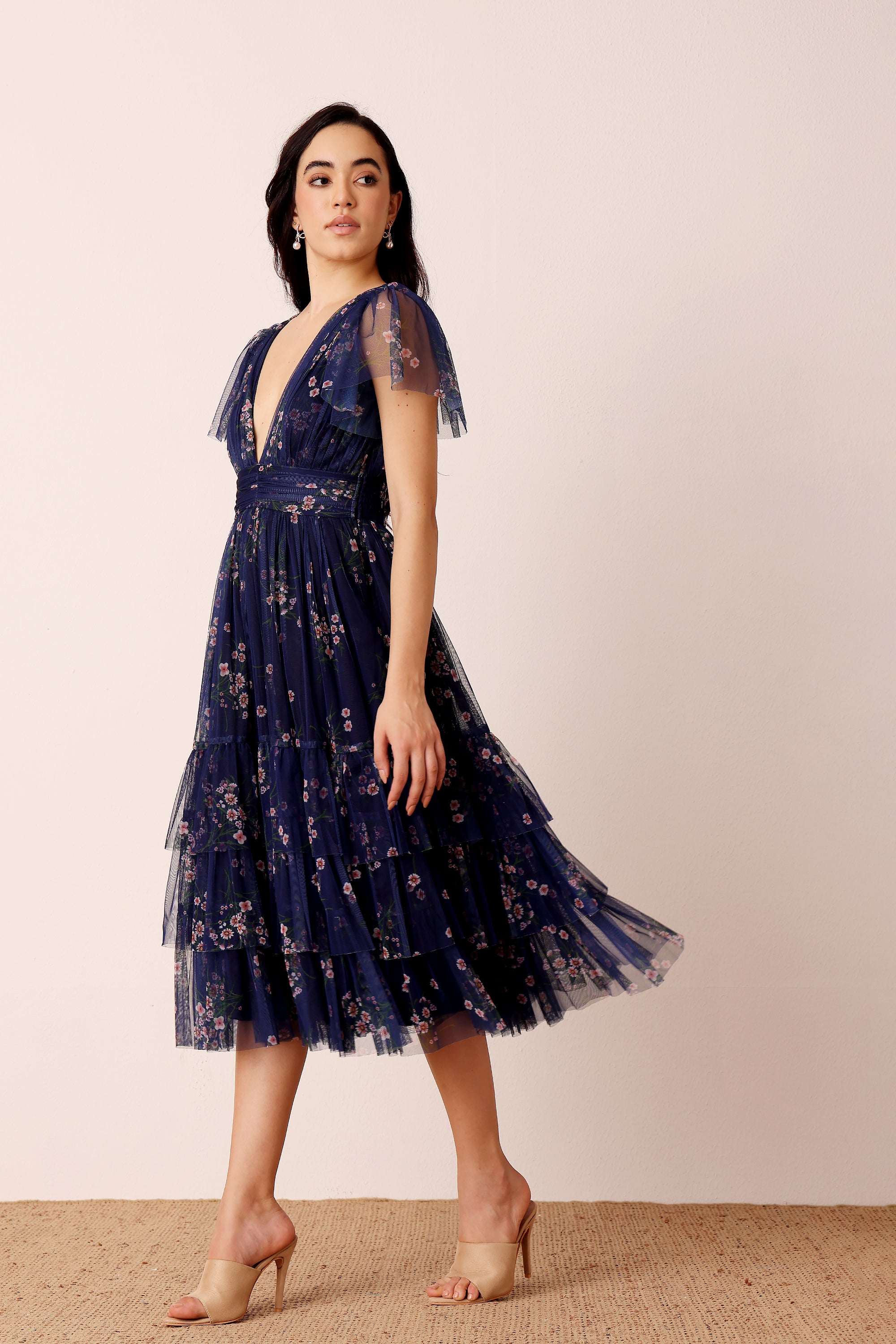 Smocked Madison Midi Dress in Navy Floral