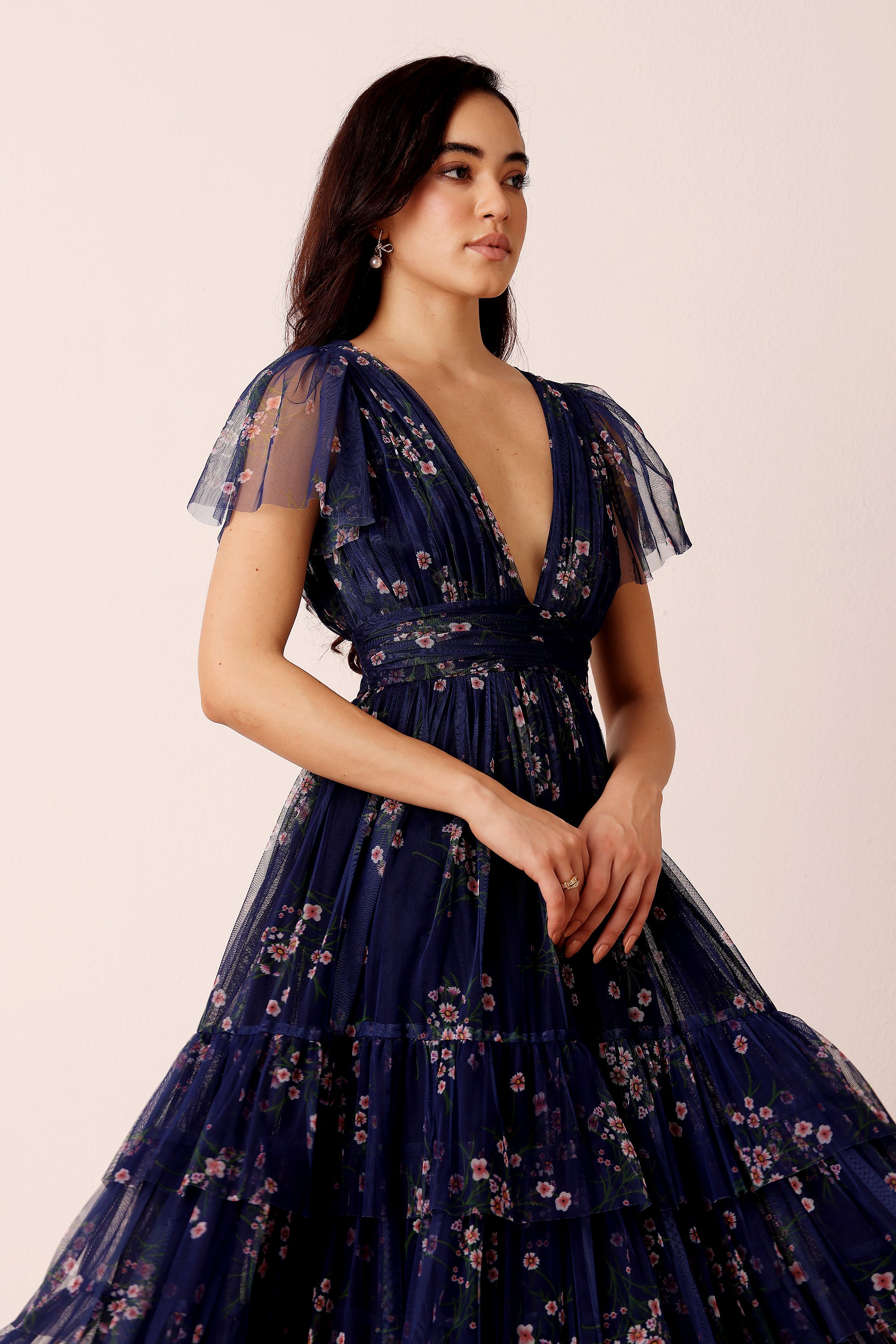 Smocked Madison Midi Dress in Navy Floral