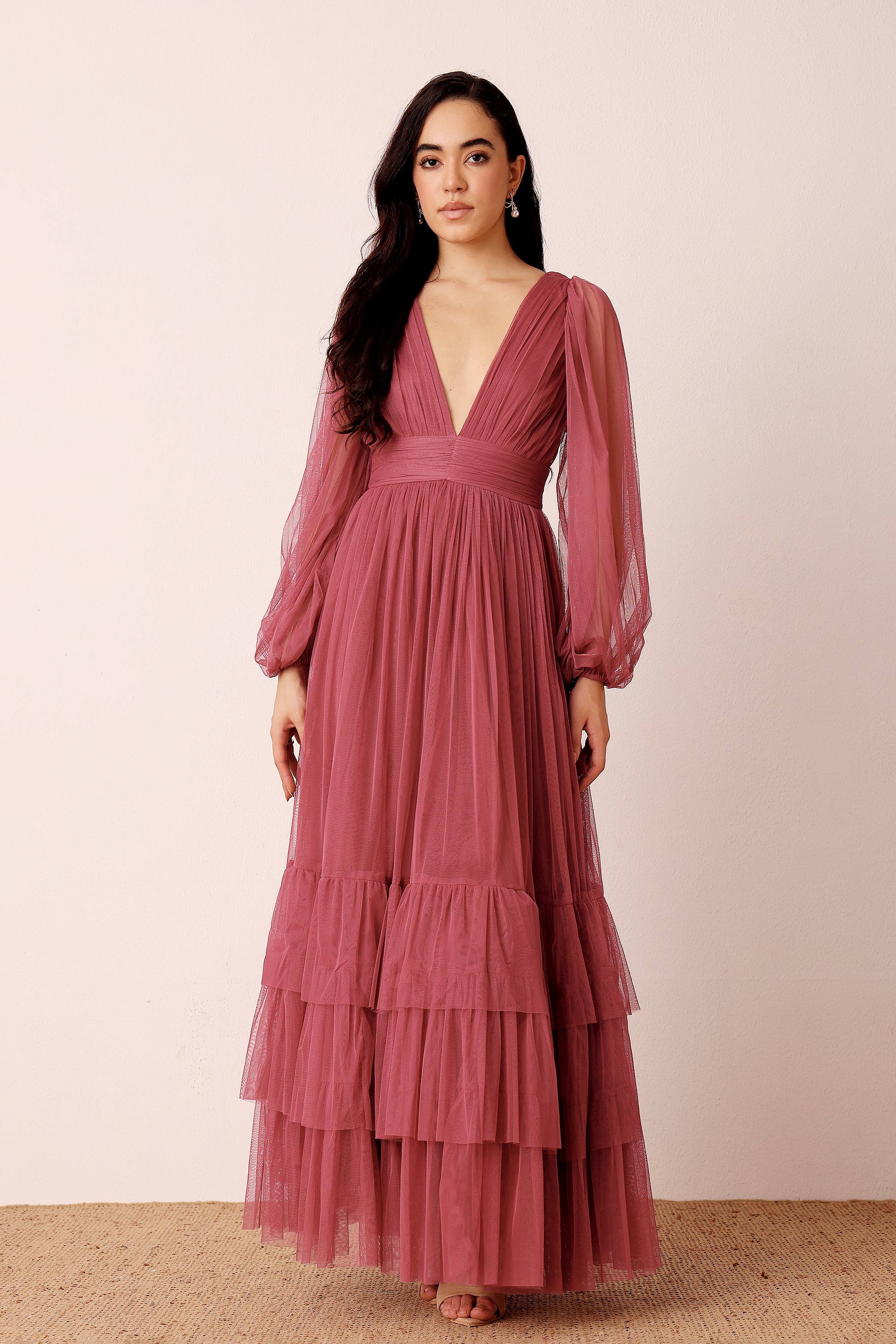 Long Sleeve Wedding Guest Bridesmaid Orchid Mauve A-line Plunging Maxi Dress