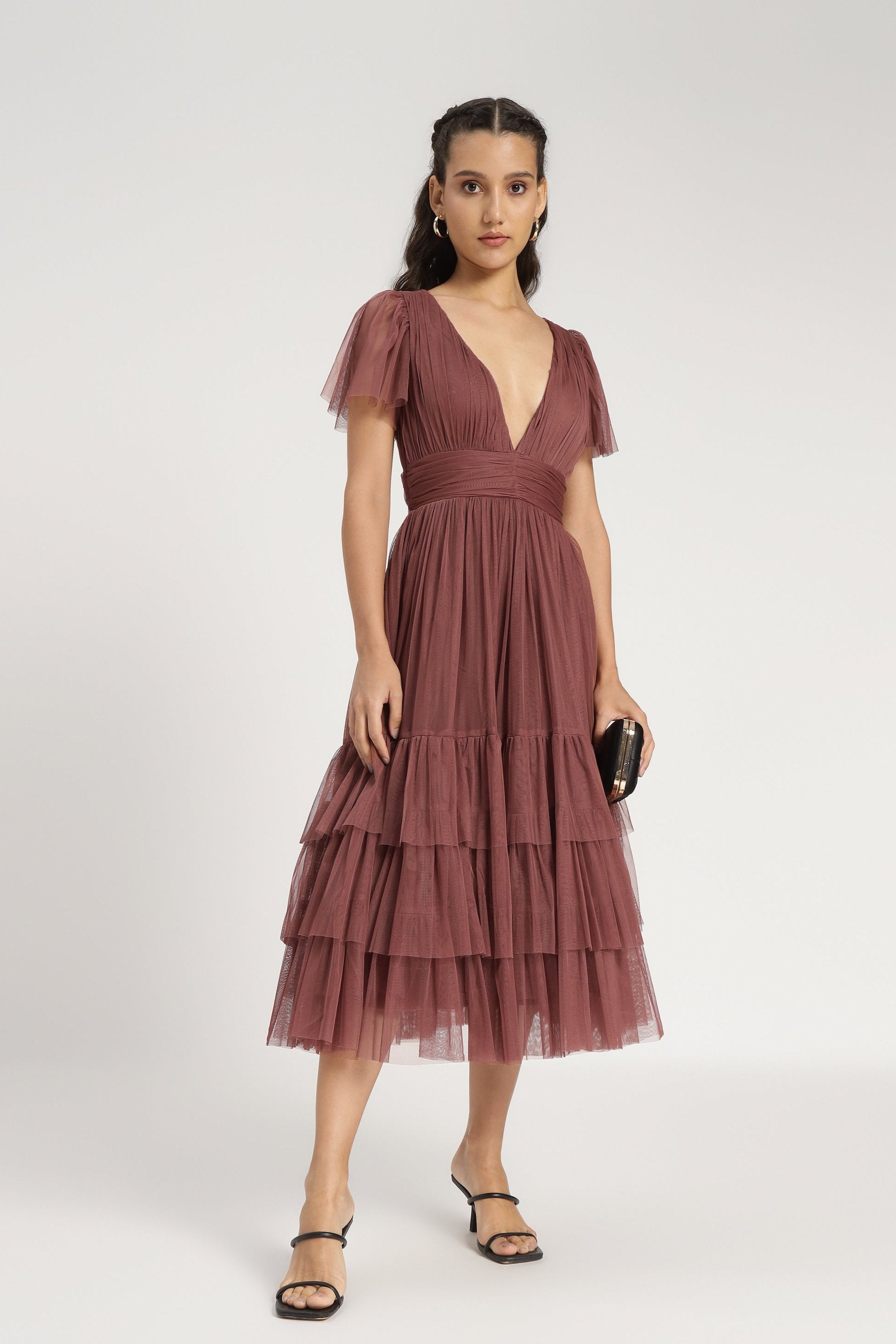 Tulle rose brown midi dress short-sleeve tiered-skirt