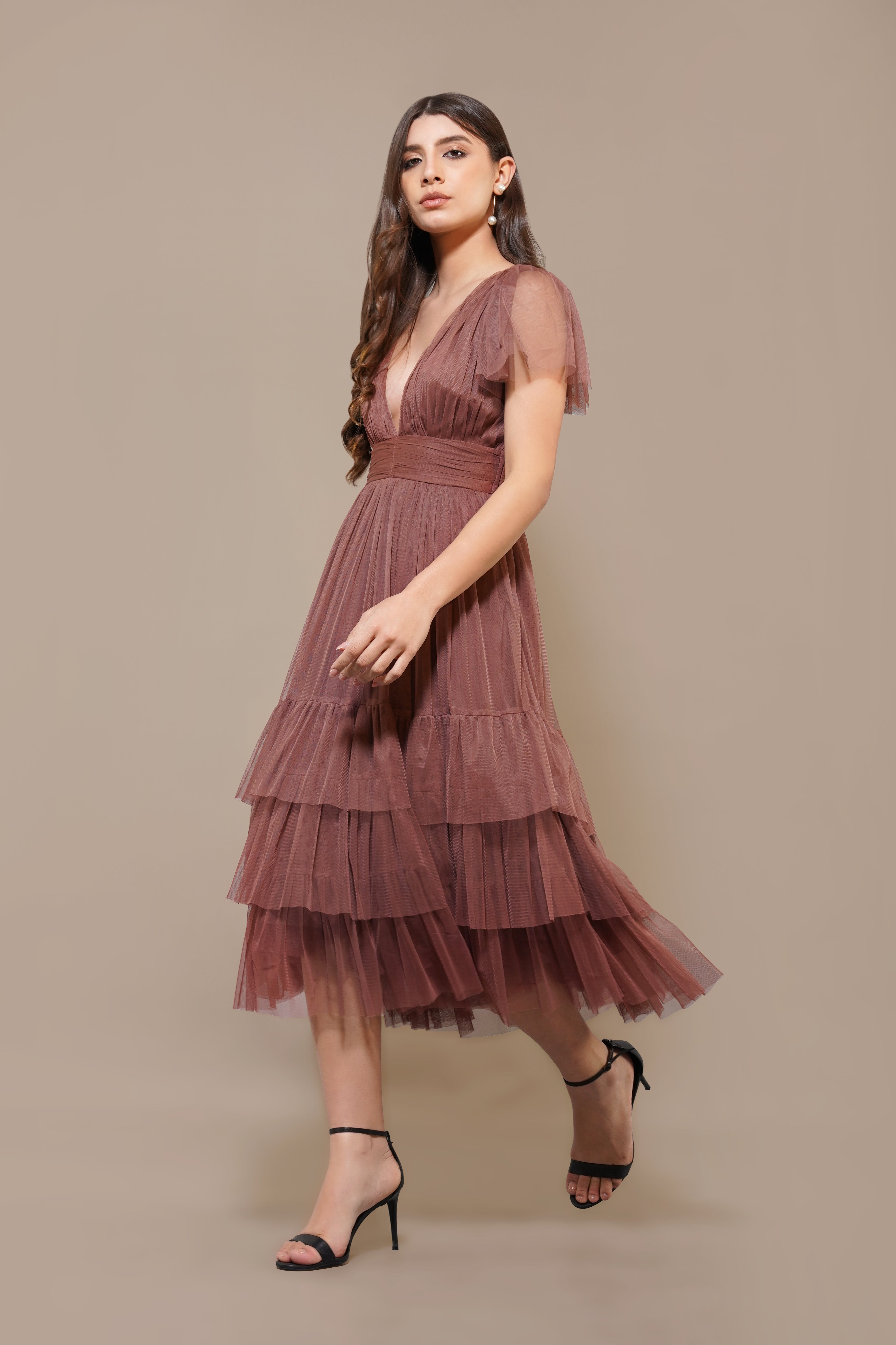Madison Rose Brown Tulle Bridesmaid Midi Dress