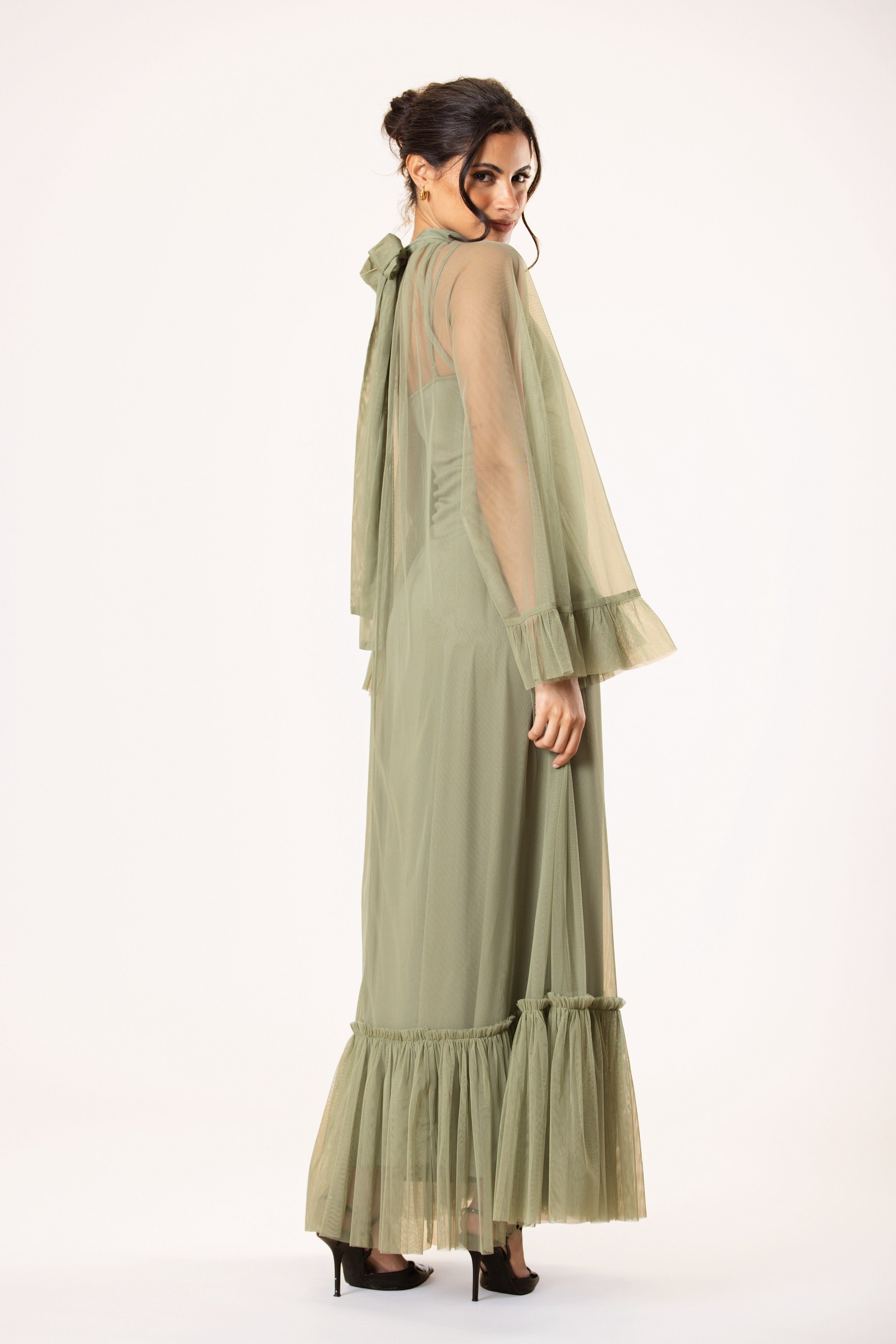 Malta Tulle Midaxi Dress in Soft Olive