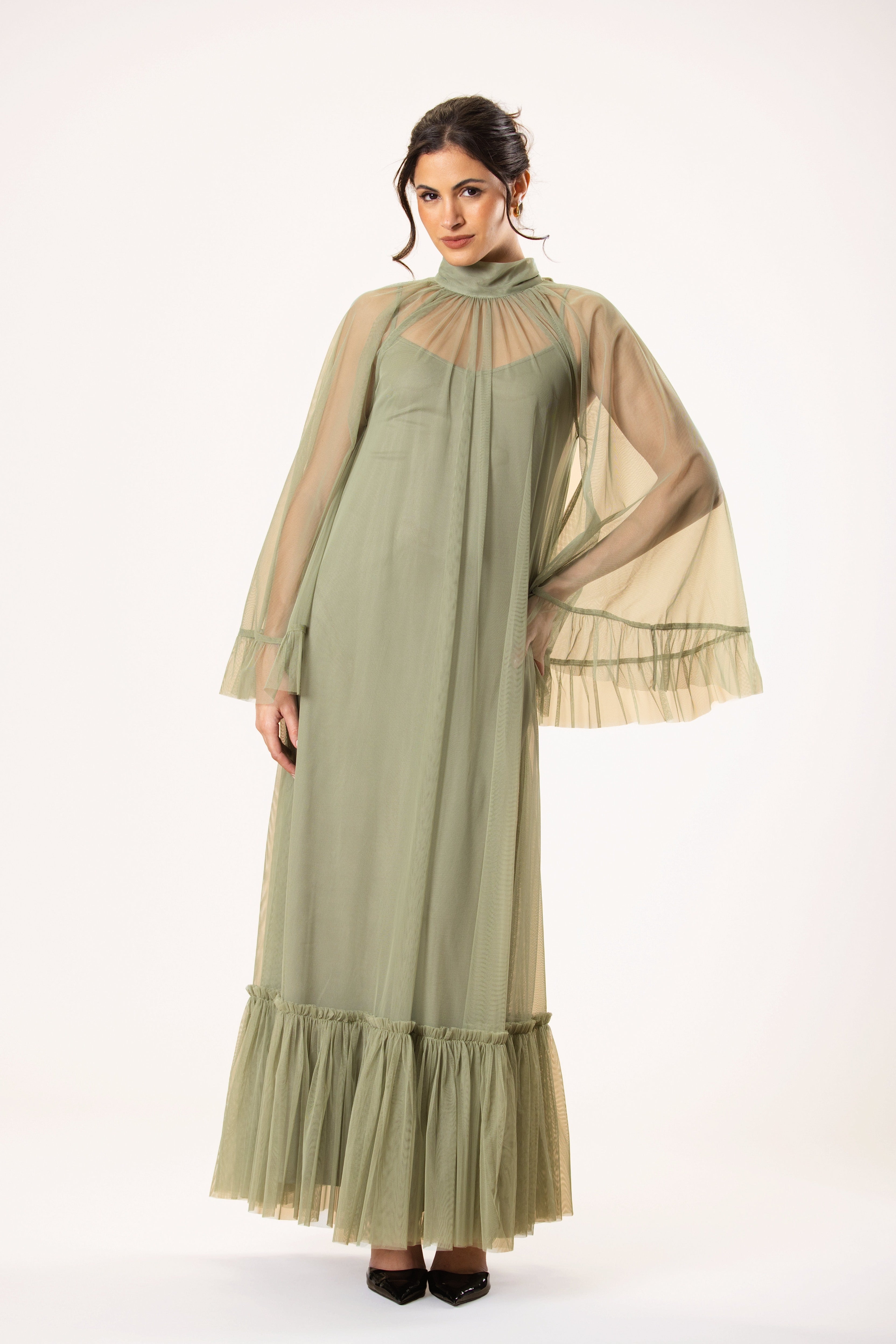 Long sleeve tulle mesh midaxi soft green olive high-neck bow dress