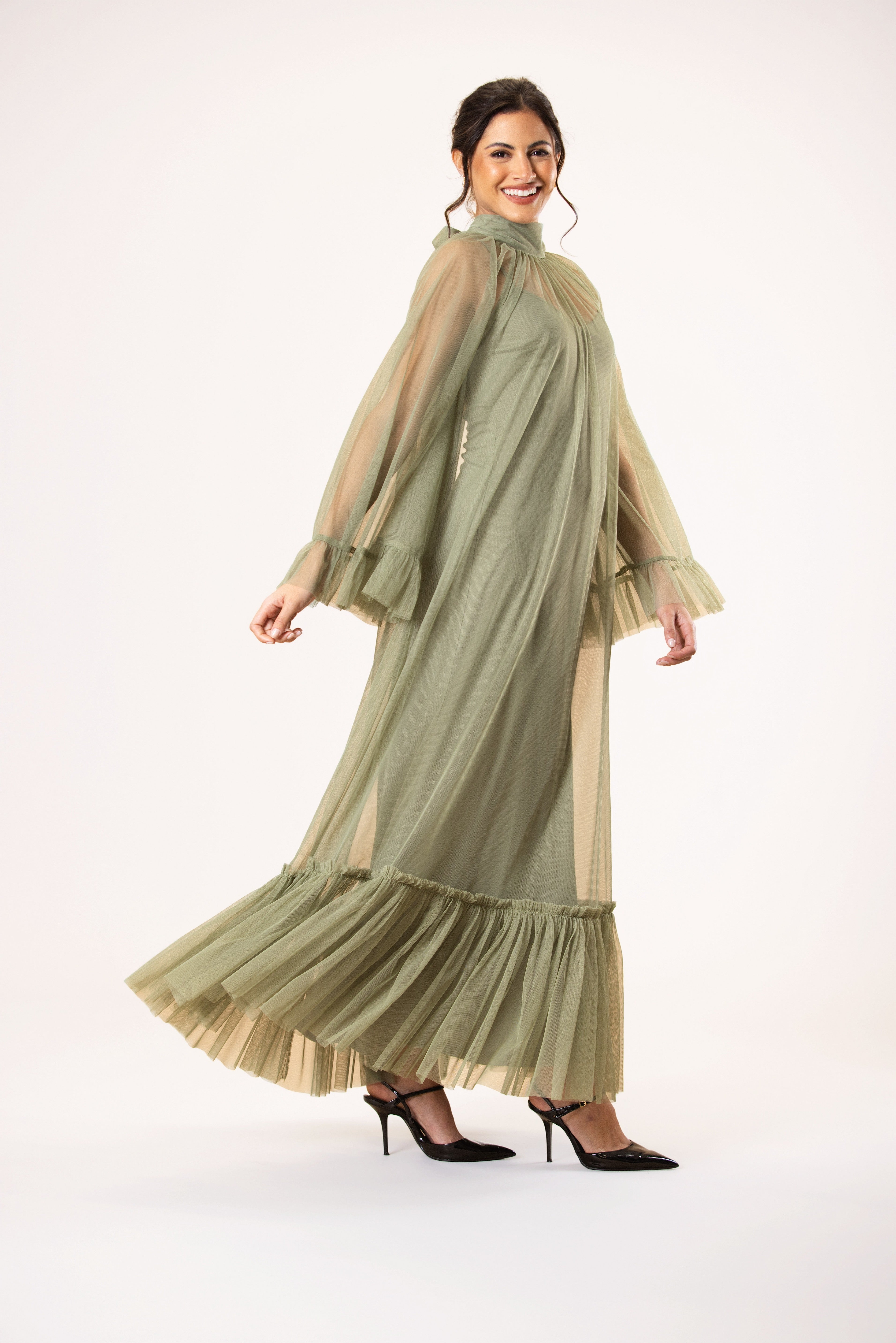 Malta Tulle Midaxi Dress in Soft Olive