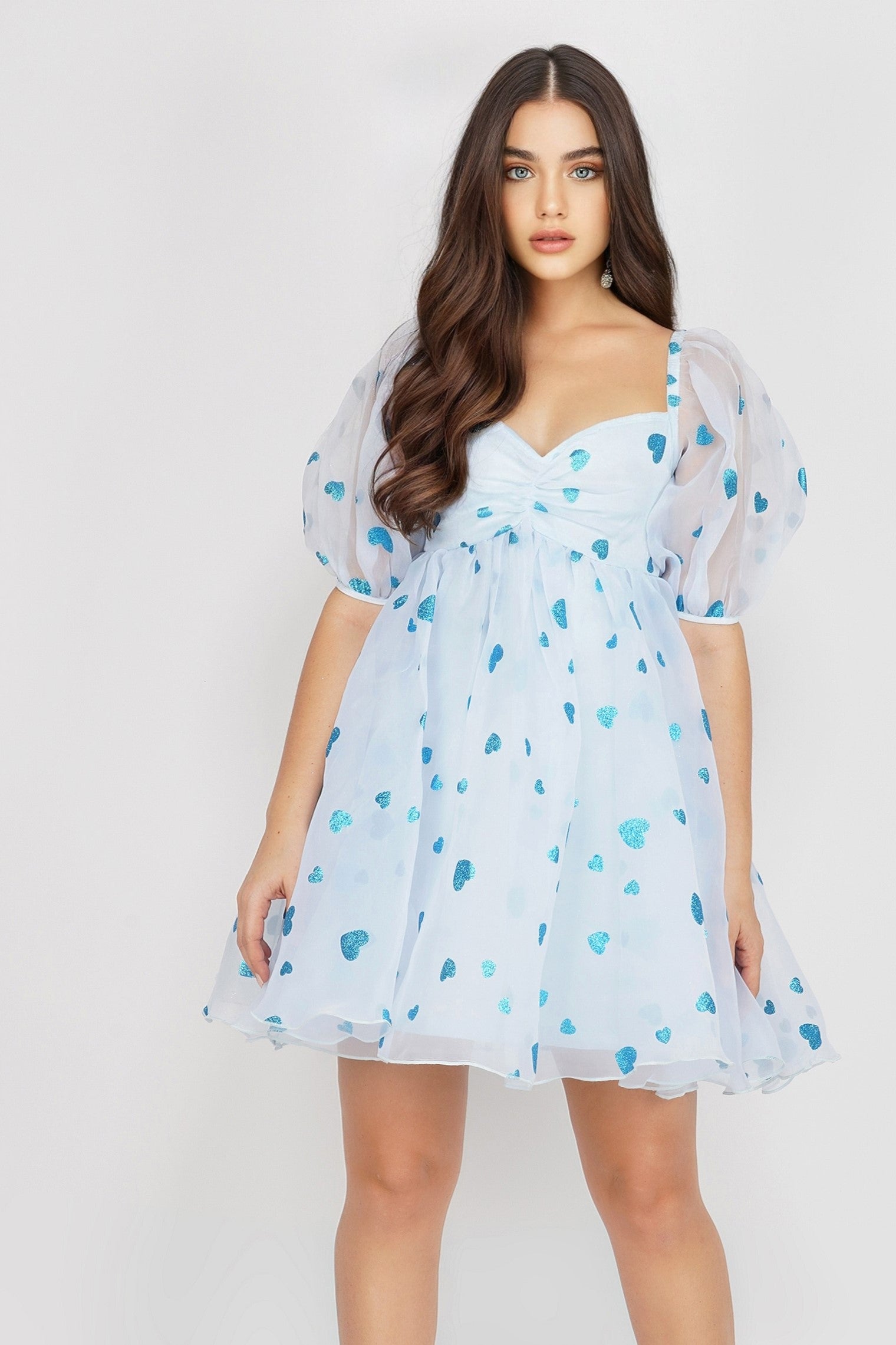 Melanie Puff Sleeve Dress in Blue Heart Lace & Beads Melanie Puff Sleeve Dress in Blue Heart Lace & Beads
