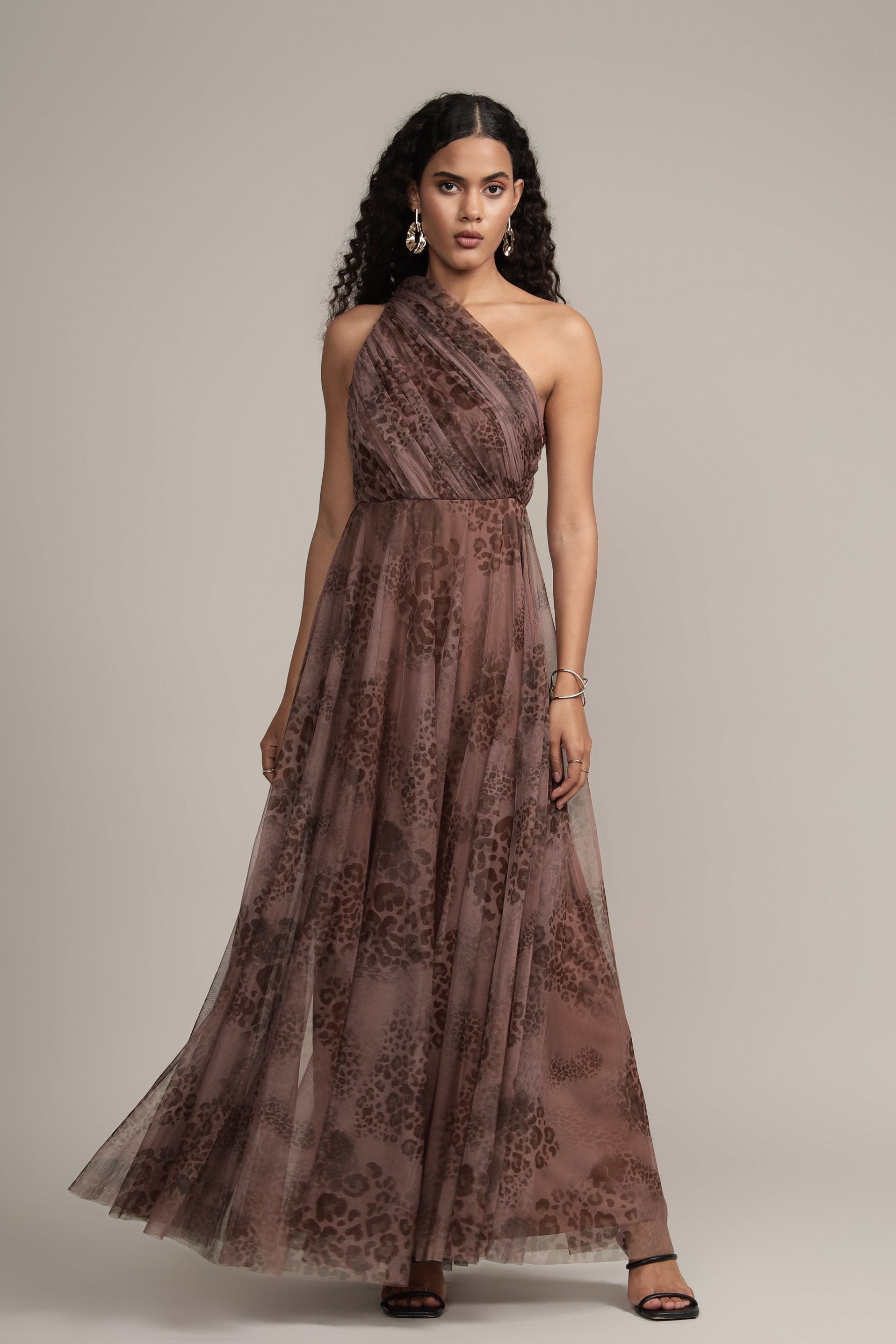 One shoulder maxi dress leopard print tulle a-line