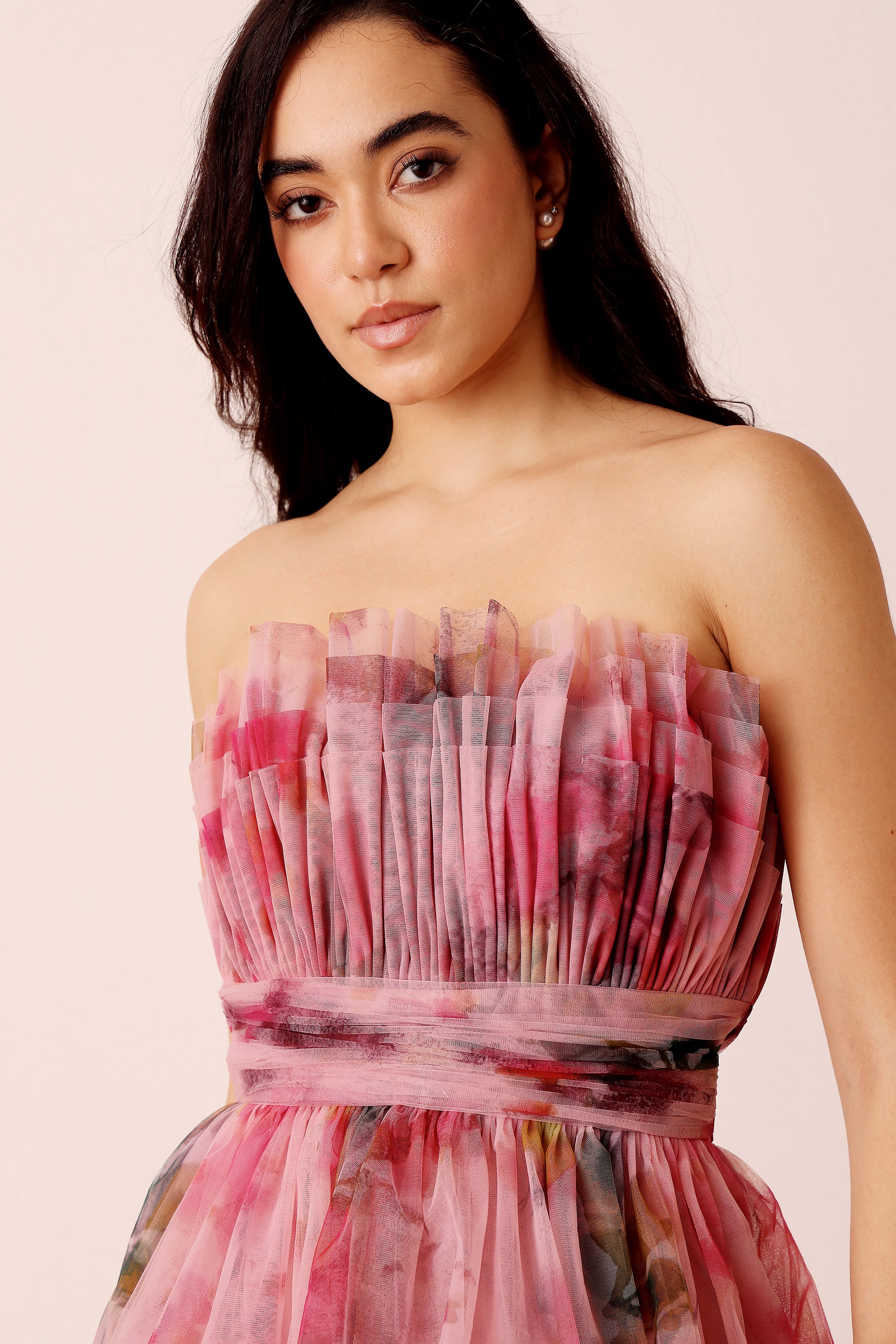 Natalia Tulle Maxi Dress in Vivid Pink Purple Floral