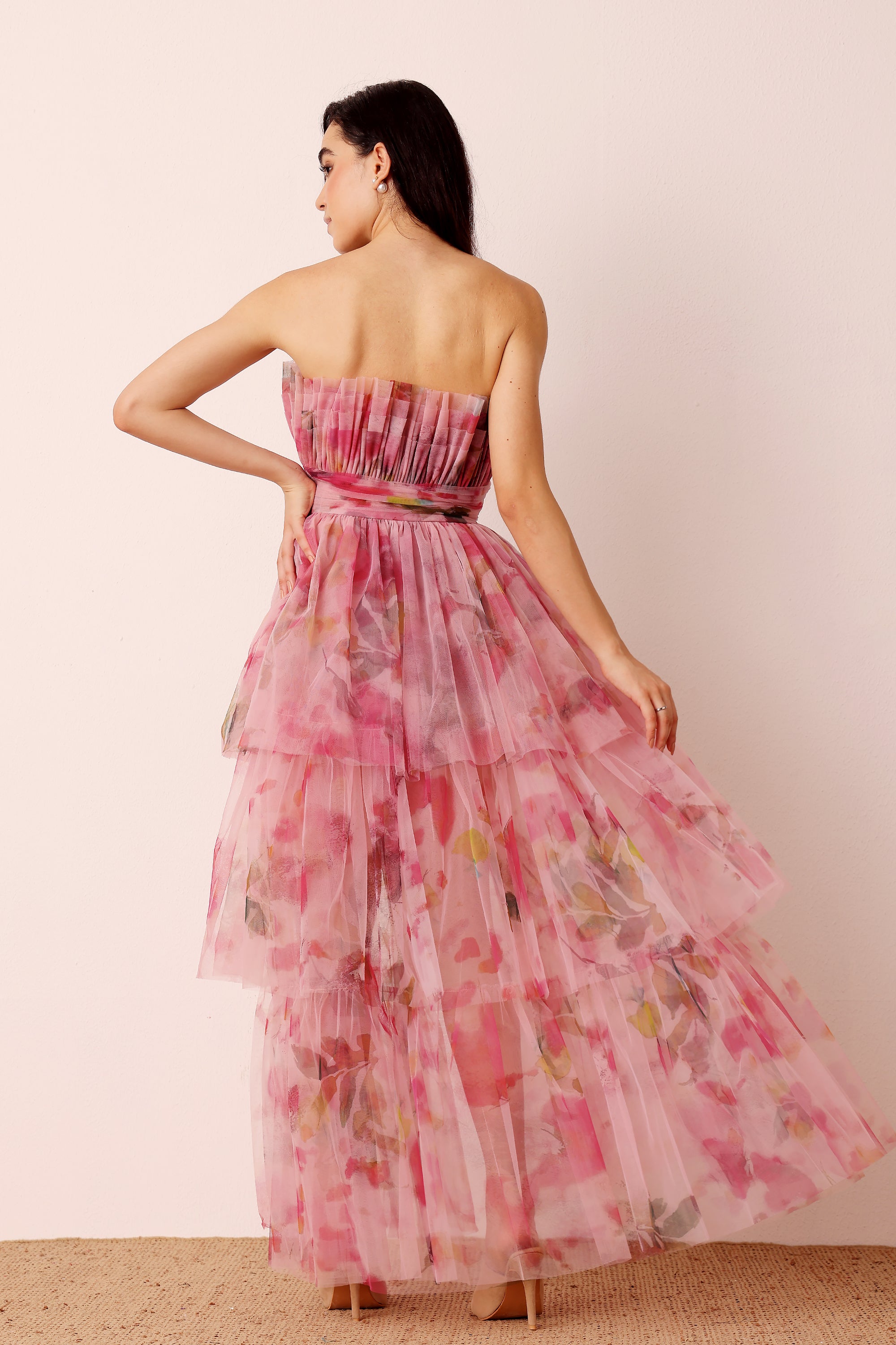 Natalia Tulle Maxi Dress in Vivid Pink Purple Floral