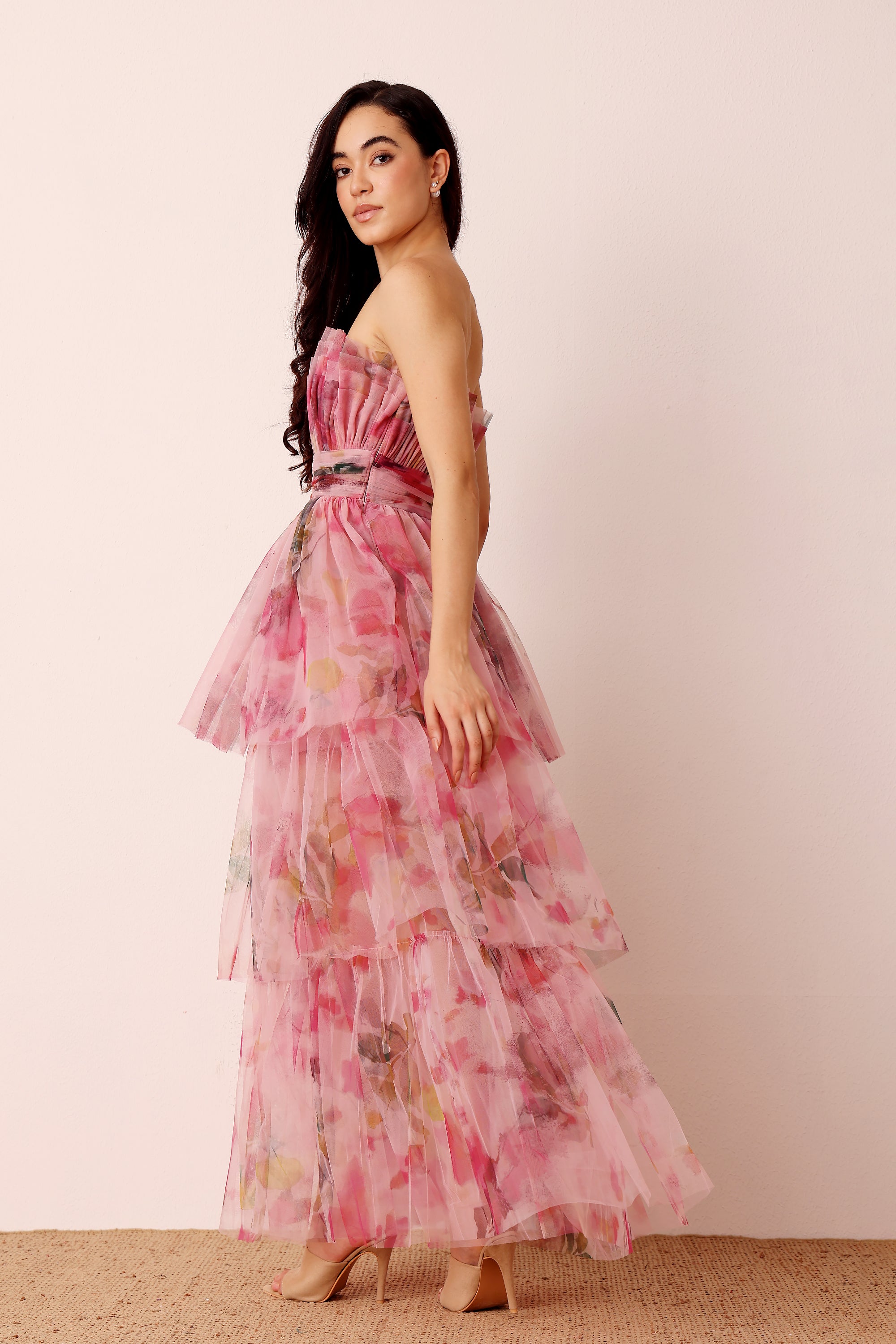 Natalia Tulle Maxi Dress in Vivid Pink Purple Floral