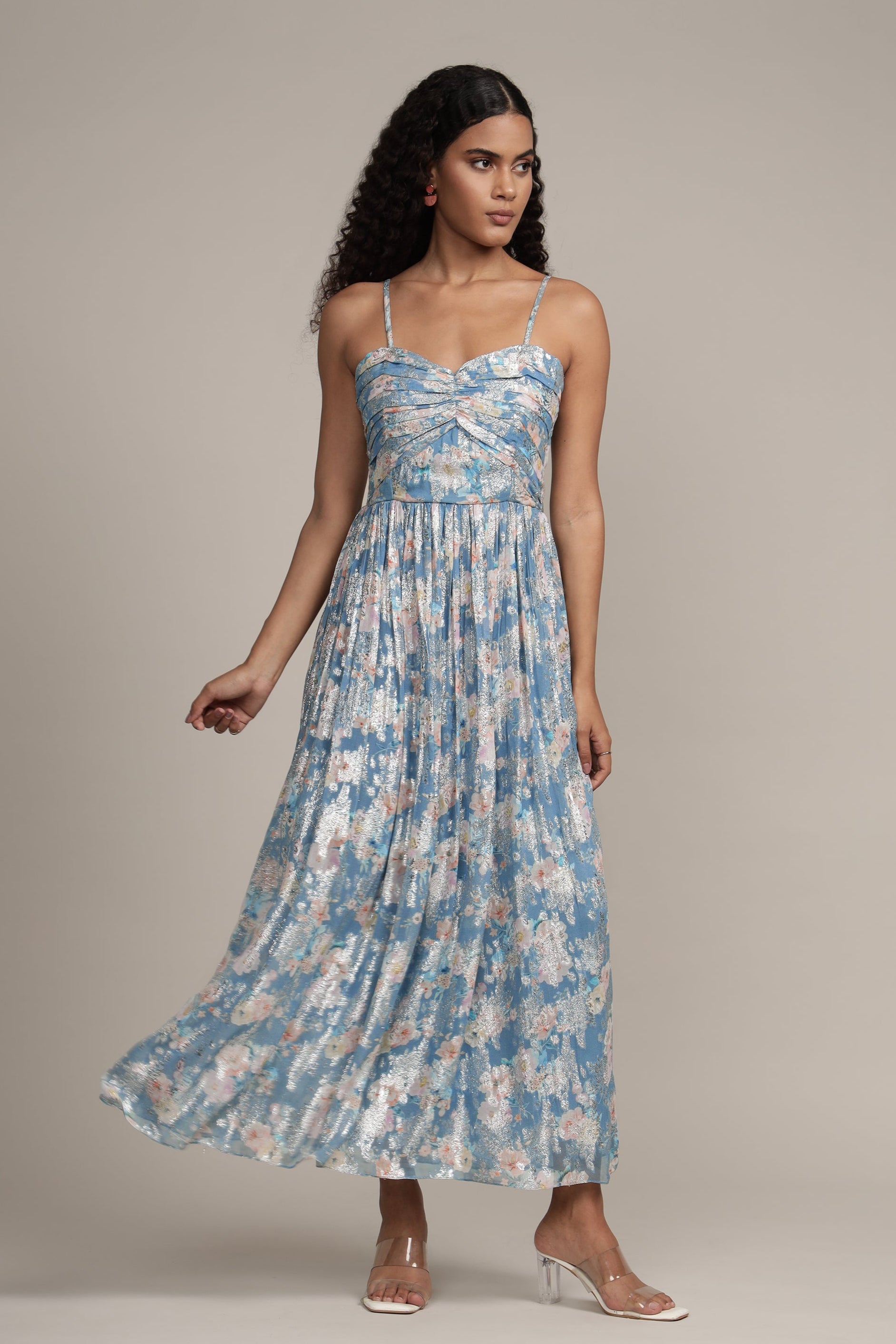 Nelex Metallic Printed Midi Dress in Blue