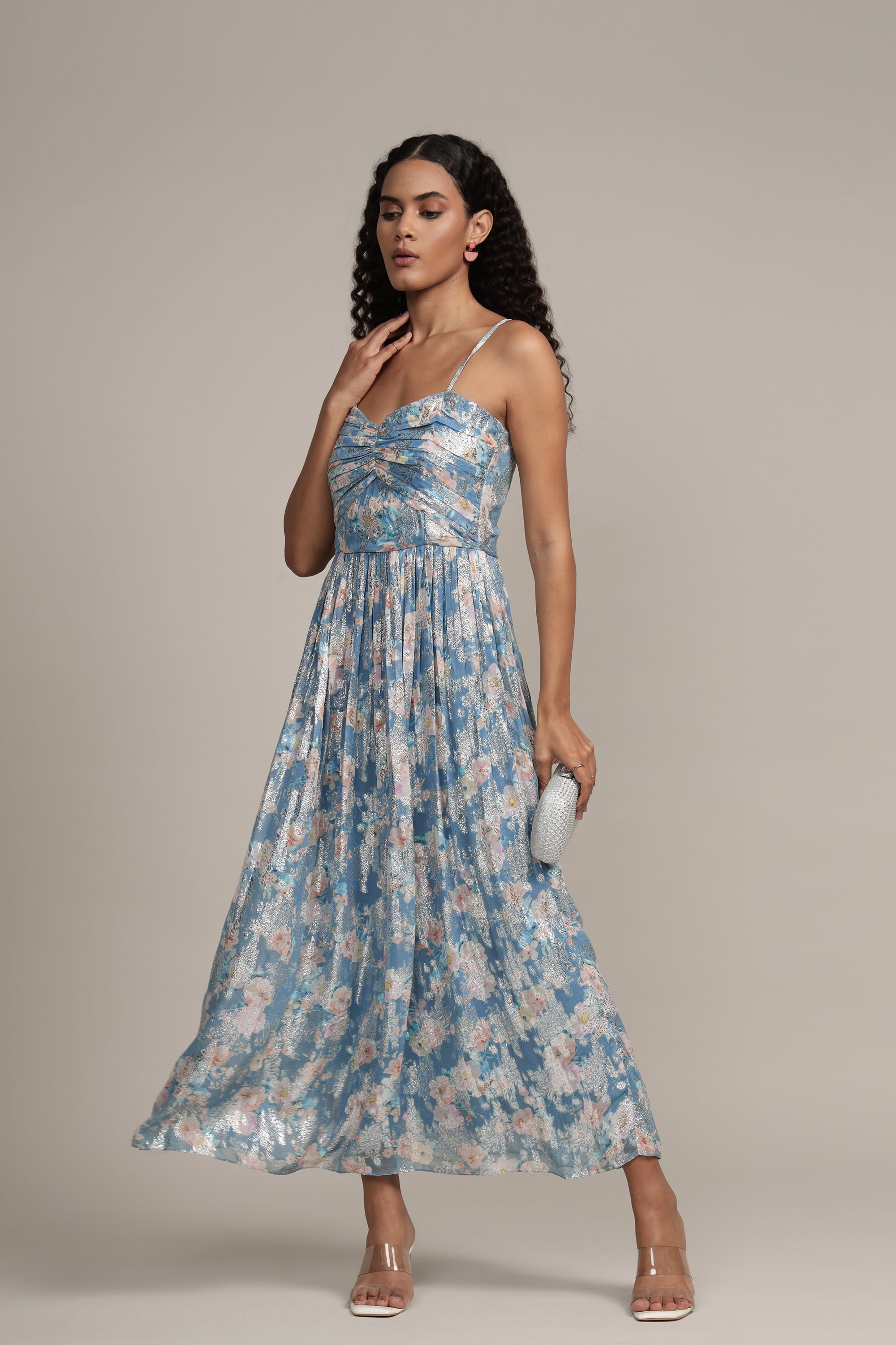 Nelex Metallic Printed Midi Dress in Blue