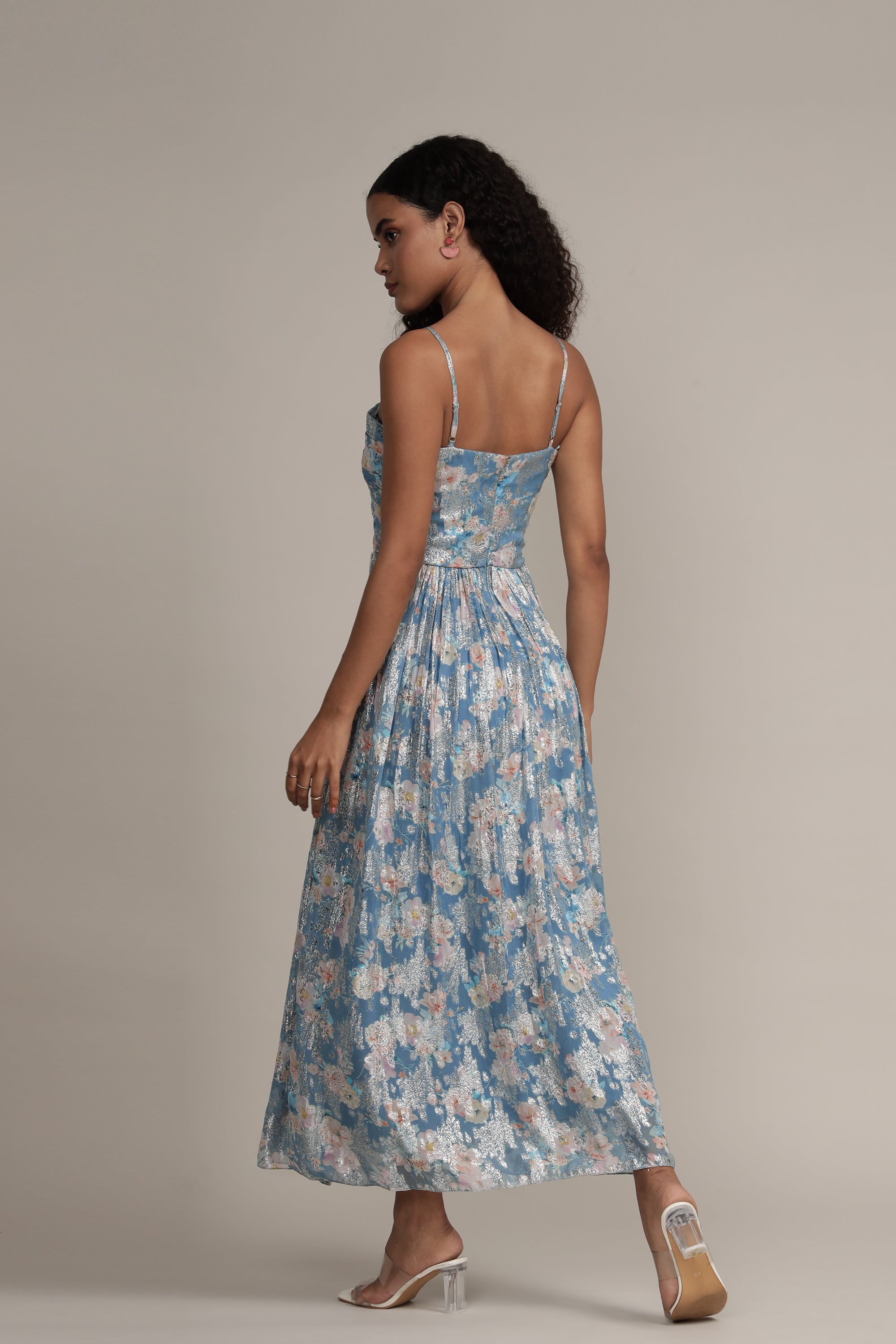 Nelex Metallic Printed Midi Dress in Blue