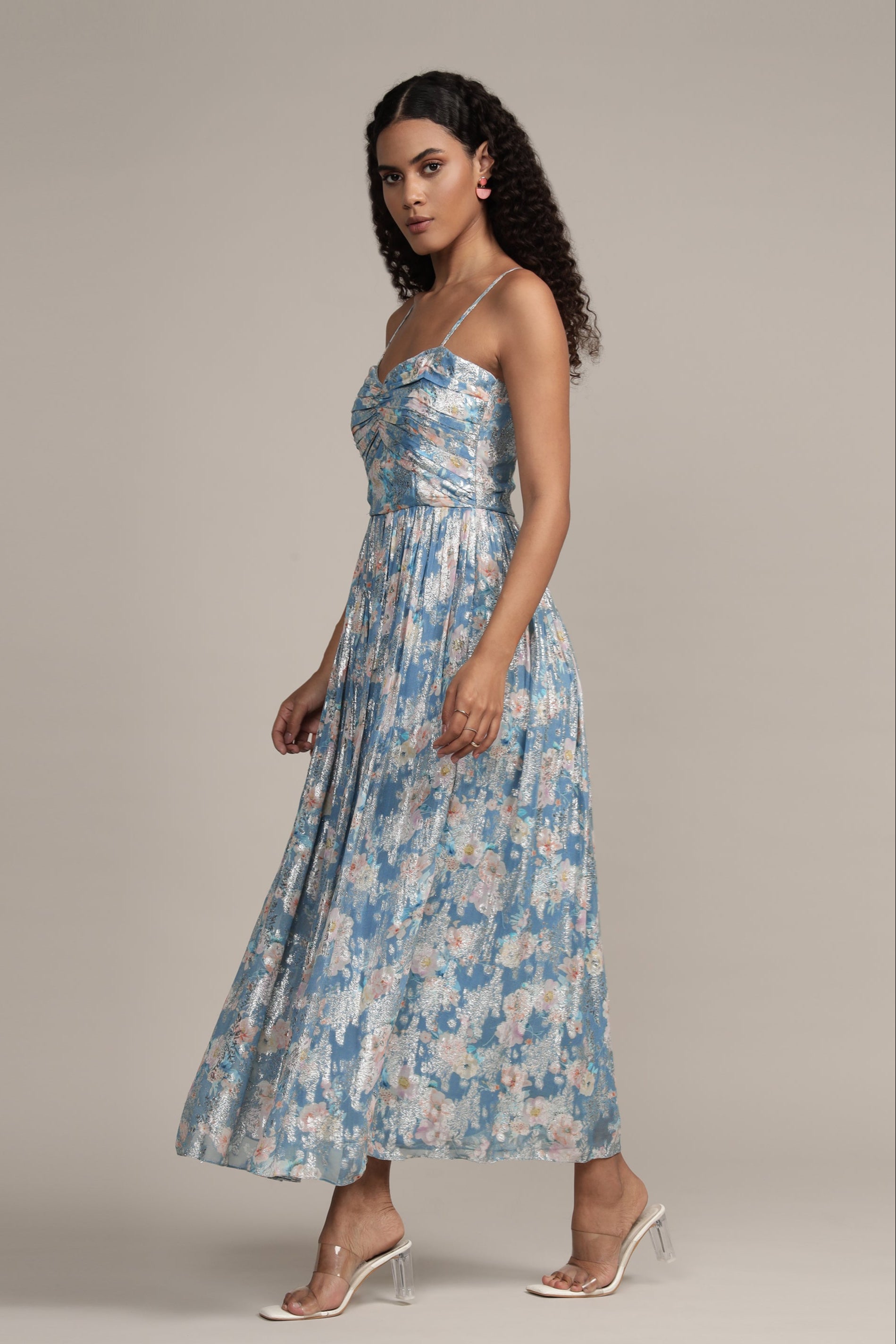 Nelex Metallic Printed Midi Dress in Blue